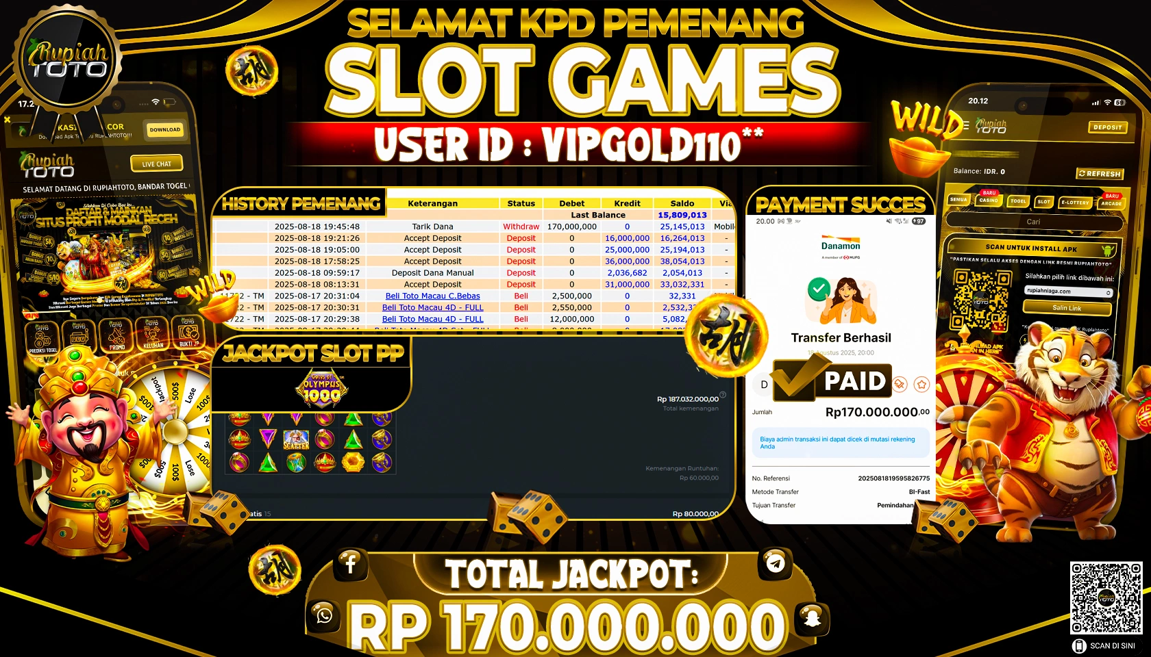 RUPIAHTOTO JACKPOT DI  SLOT PP -  GATES OF OLYMPUS  RP 170.000.000 JUTA RUPIAH LUNAS