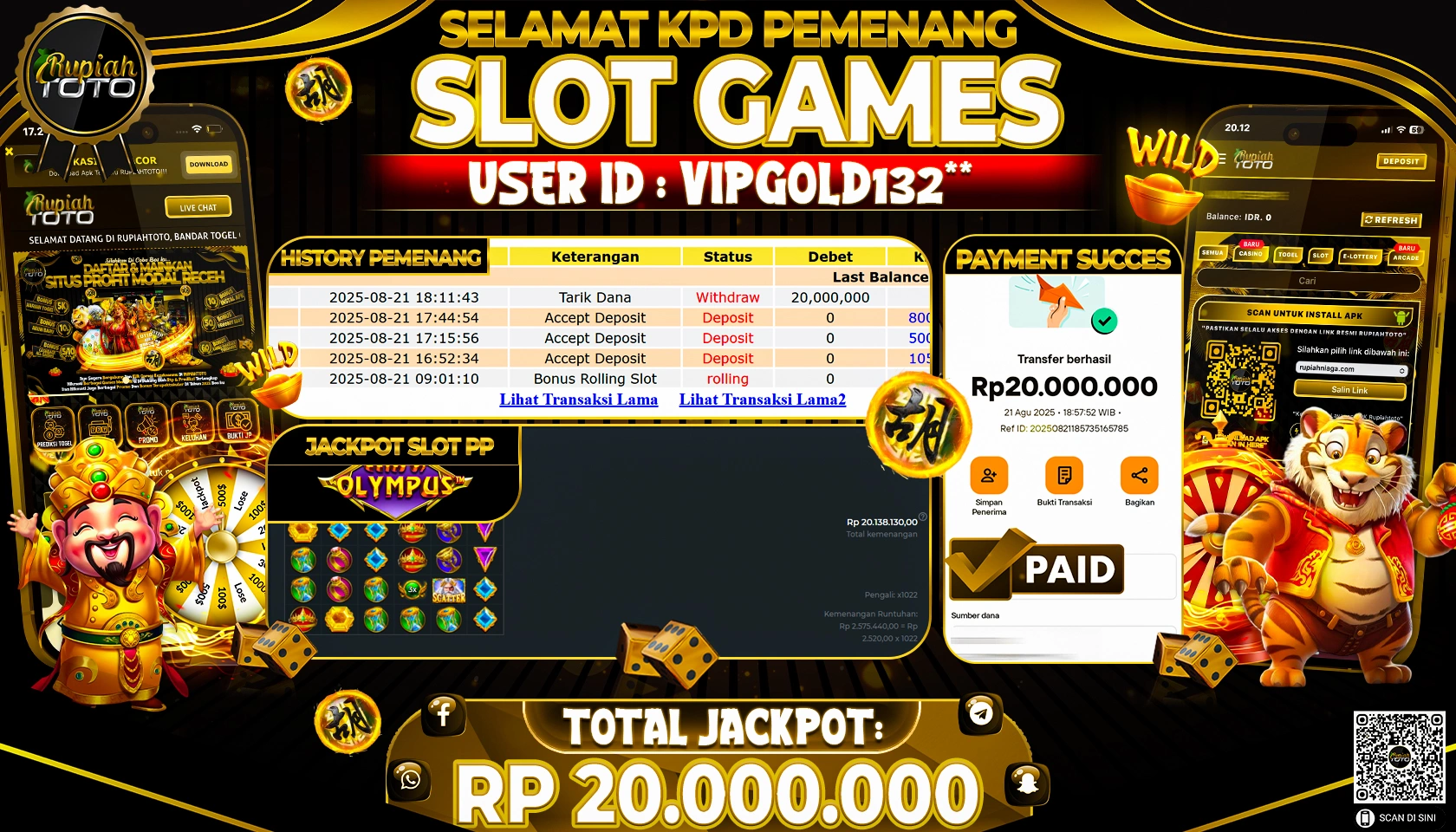 RUPIAHTOTO JACKPOT DI  SLOT PP -  GATES OF OLYMPUS  RP 20.000.000 JUTA RUPIAH LUNAS