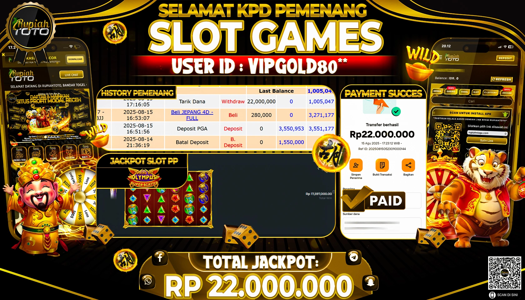 RUPIAHTOTO JACKPOT DI  SLOT PP -  GATES OF OLYMPUS SUPER SCATTER RP 22.000.000 JUTA RUPIAH LUNAS