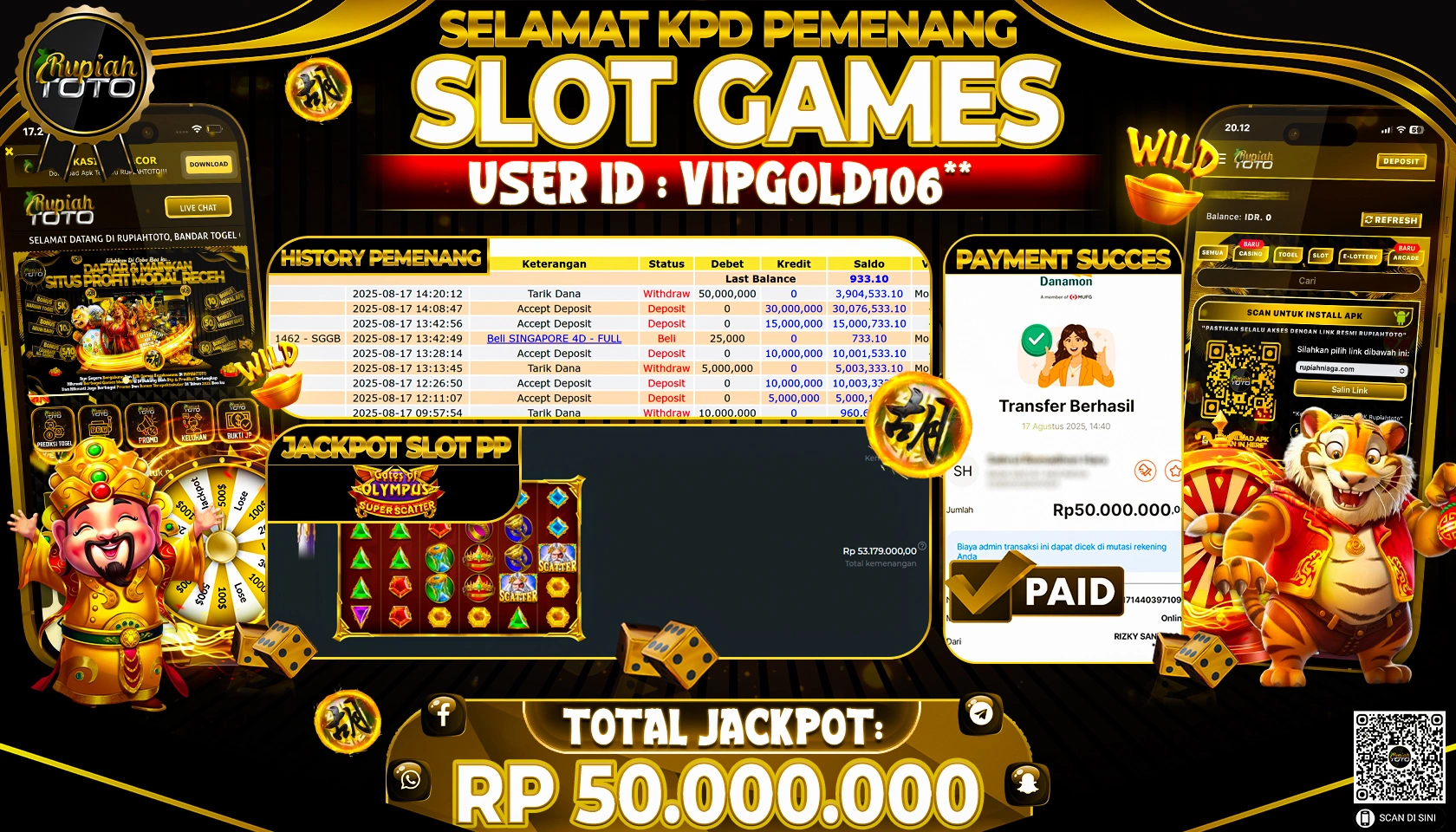 RUPIAHTOTO JACKPOT DI  SLOT PP -  GATES OF OLYMPUS SUPER SCATTER RP 50.000.000 JUTA RUPIAH LUNAS