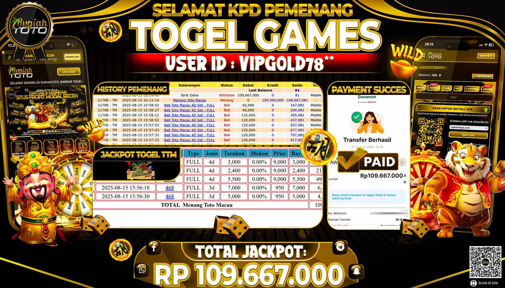 RUPIAHTOTO JACKPOT DI  TOGEL -  TOTO MACAU 4D RP 109.667.000 JUTA RUPIAH LUNAS