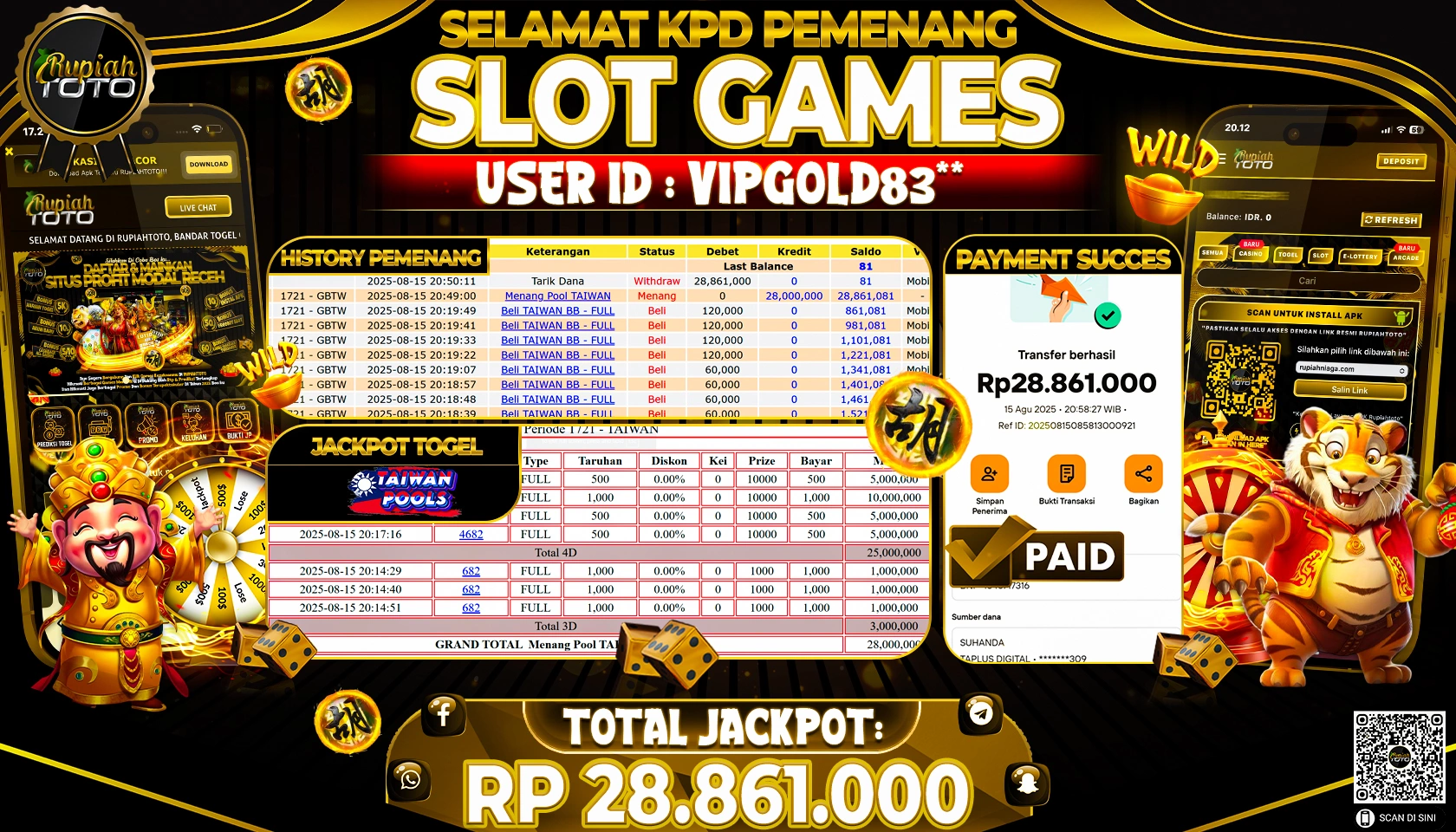 RUPIAHTOTO JACKPOT DI  TOGEL -  TAIWAN POOLS RP 28.861.000 JUTA RUPIAH LUNAS