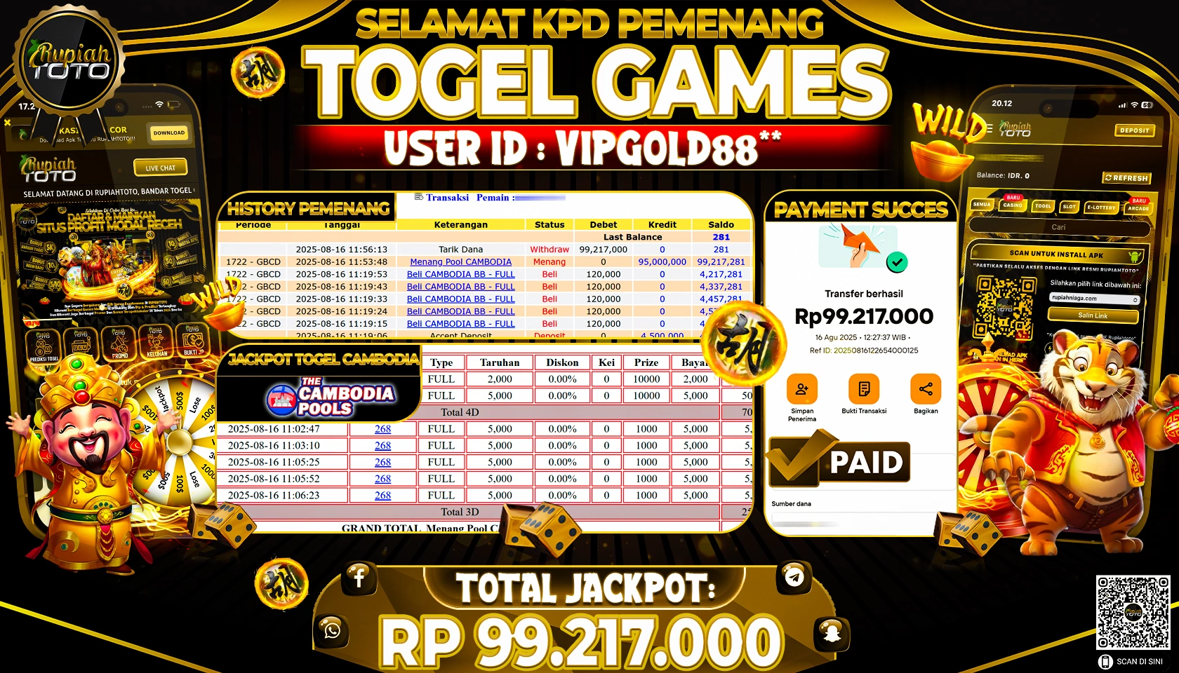 RUPIAHTOTO JACKPOT DI  TOGEL -  CAMBODIA POOLS RP 99.217.000 JUTA RUPIAH LUNAS