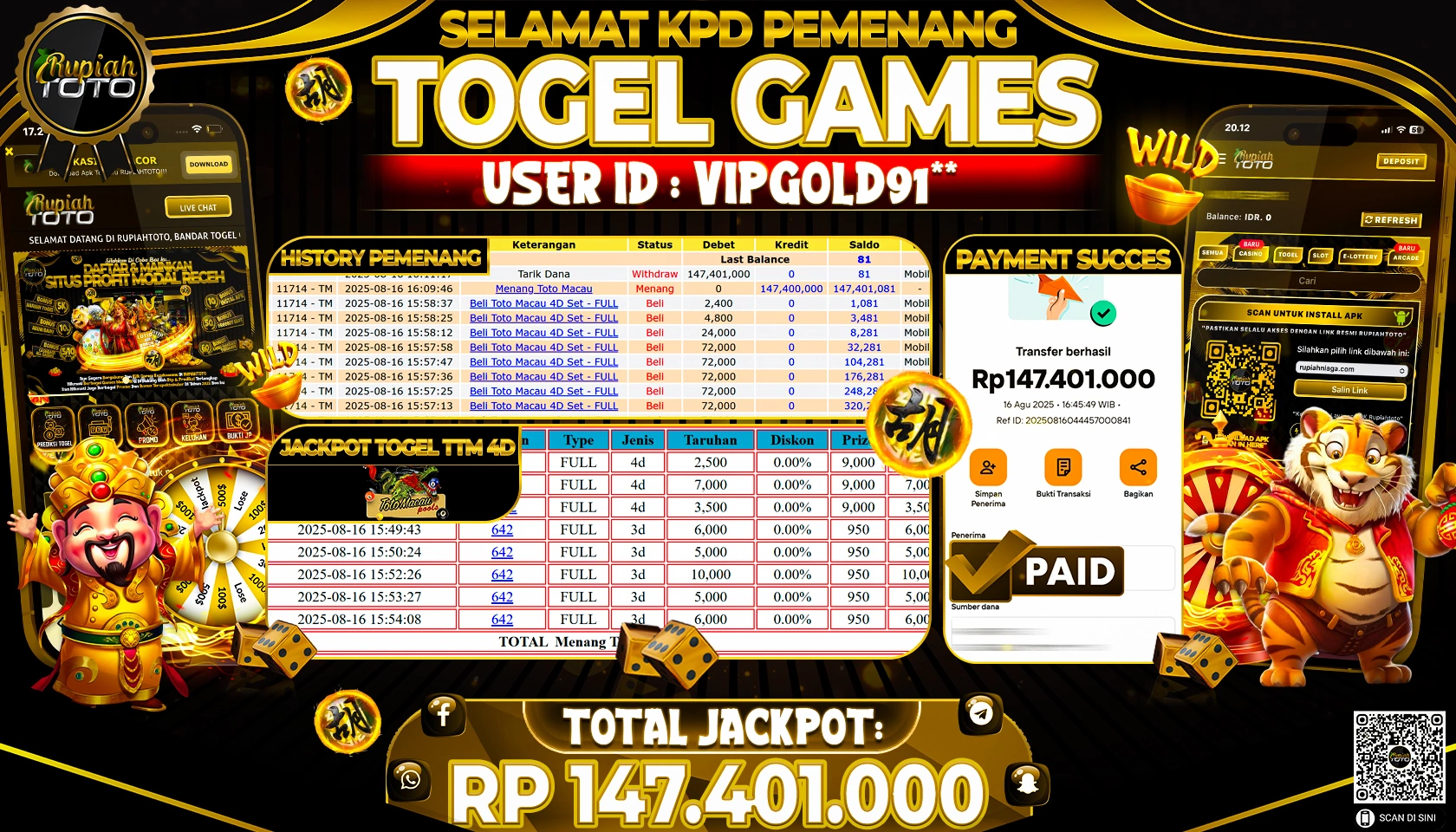 RUPIAHTOTO JACKPOT DI  TOGEL -  TOTO MACAU 4D RP 147.401.000 JUTA RUPIAH LUNAS
