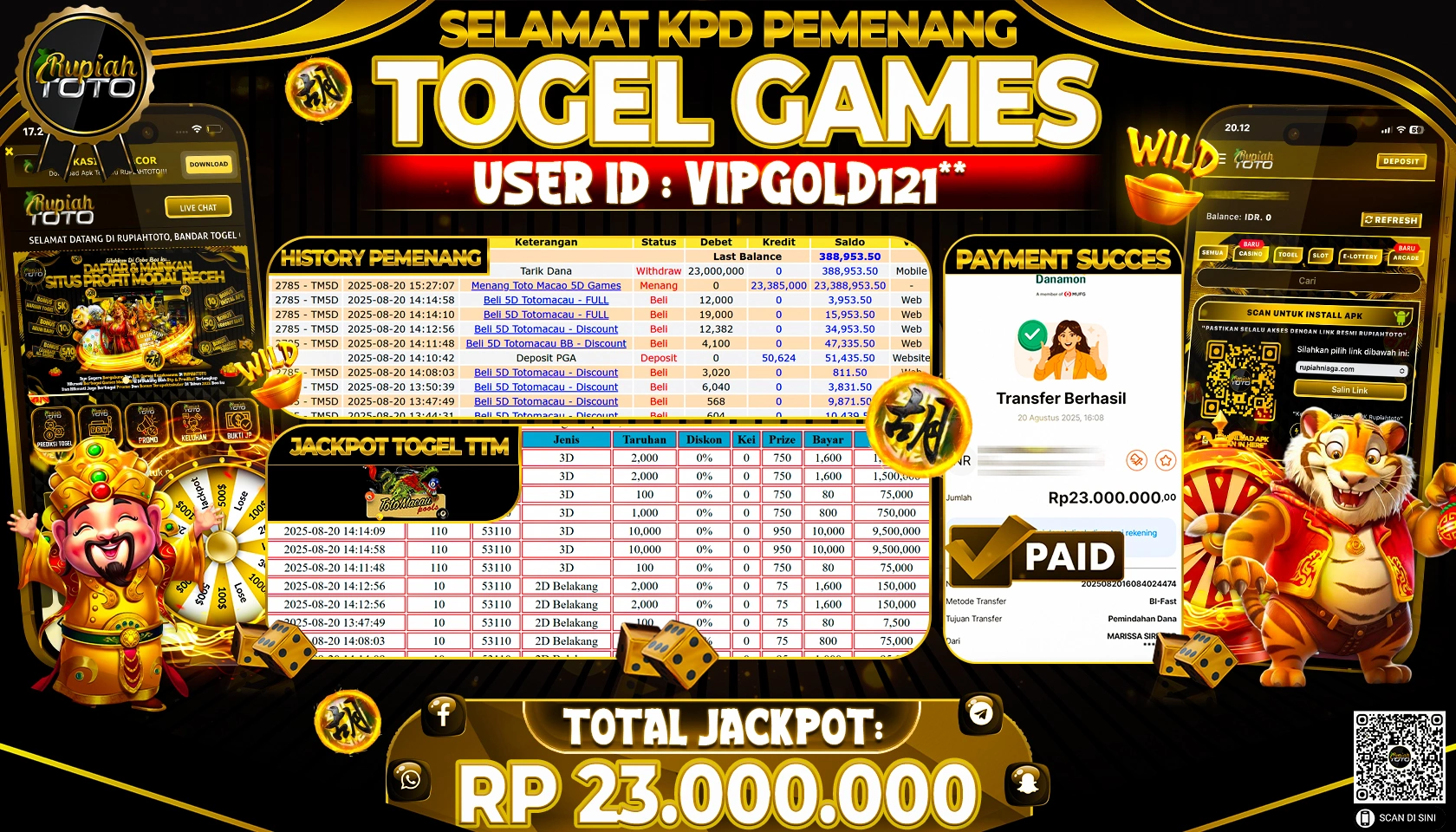 RUPIAHTOTO JACKPOT DI  TOGEL -  TOTO MACAU 4D RP 23.000.000 JUTA RUPIAH LUNAS