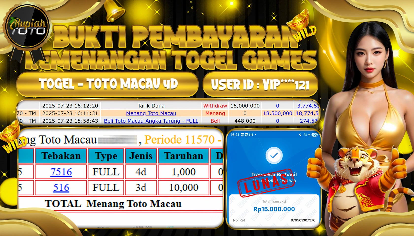 RUPIAHTOTO JACKPOT TOGEL DI PASARAN TOTO MACAU 4D RP 15.000.000 JUTA RUPIAH LUNAS