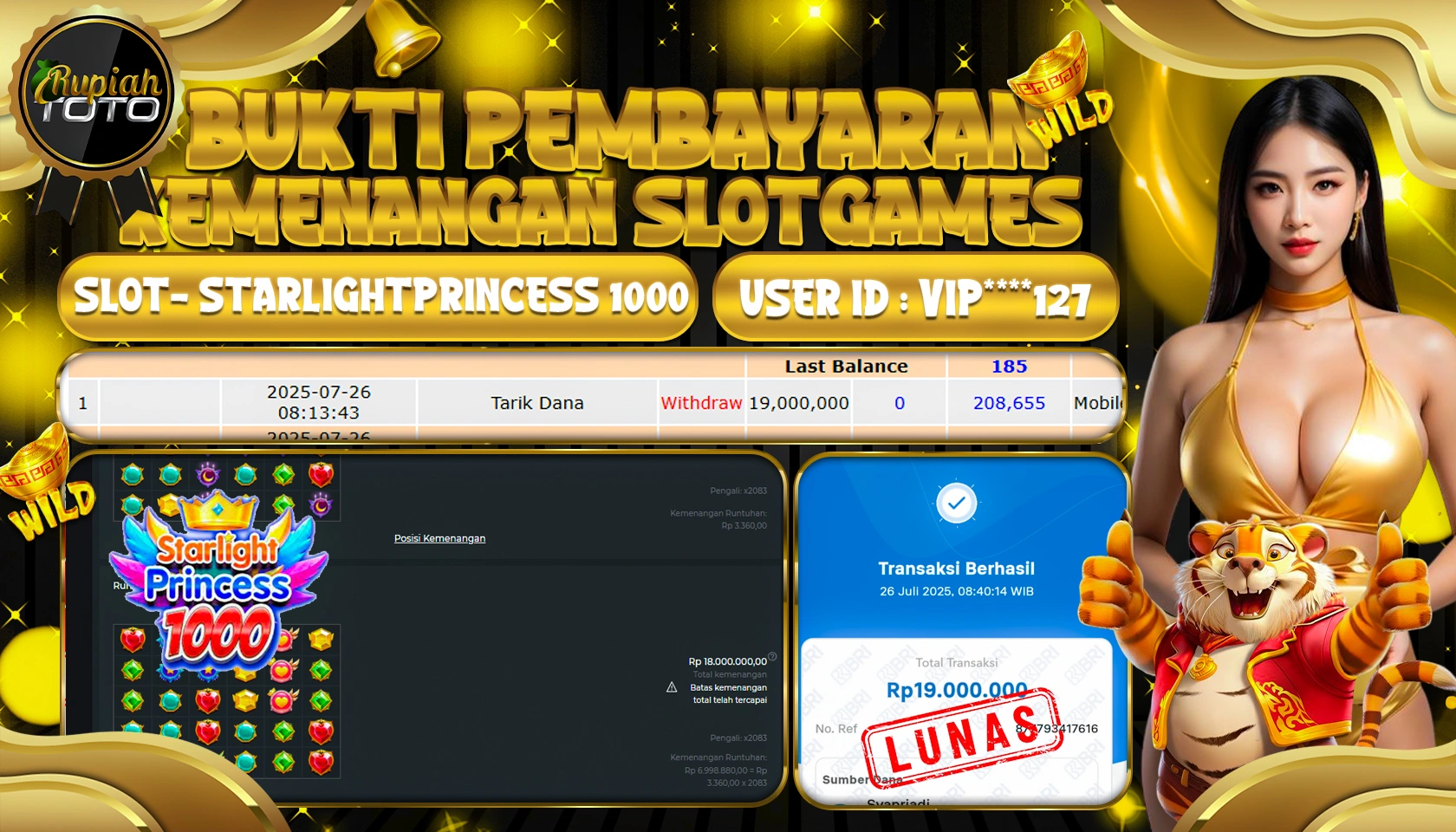 RUPIAHTOTO JACKPOT  DI SLOT STARLIGHT PRINCESS X1000 RP 19.000.000 JUTA RUPIAH LUNAS