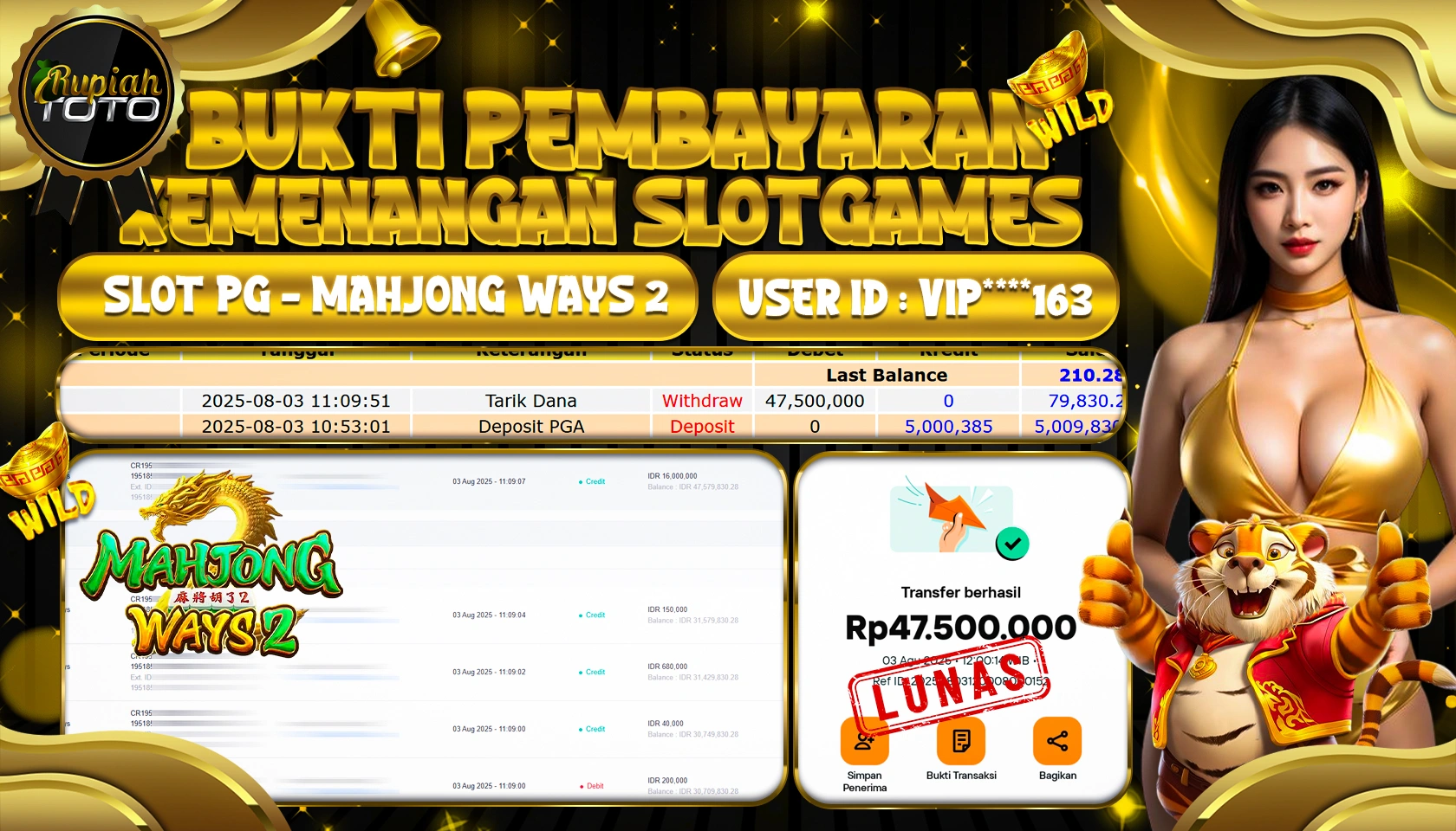 RUPIAHTOTO JACKPOT DI SLOT PG - MAHJONG WAYS 2 RP 47.500.000 JUTA RUPIAH LUNAS