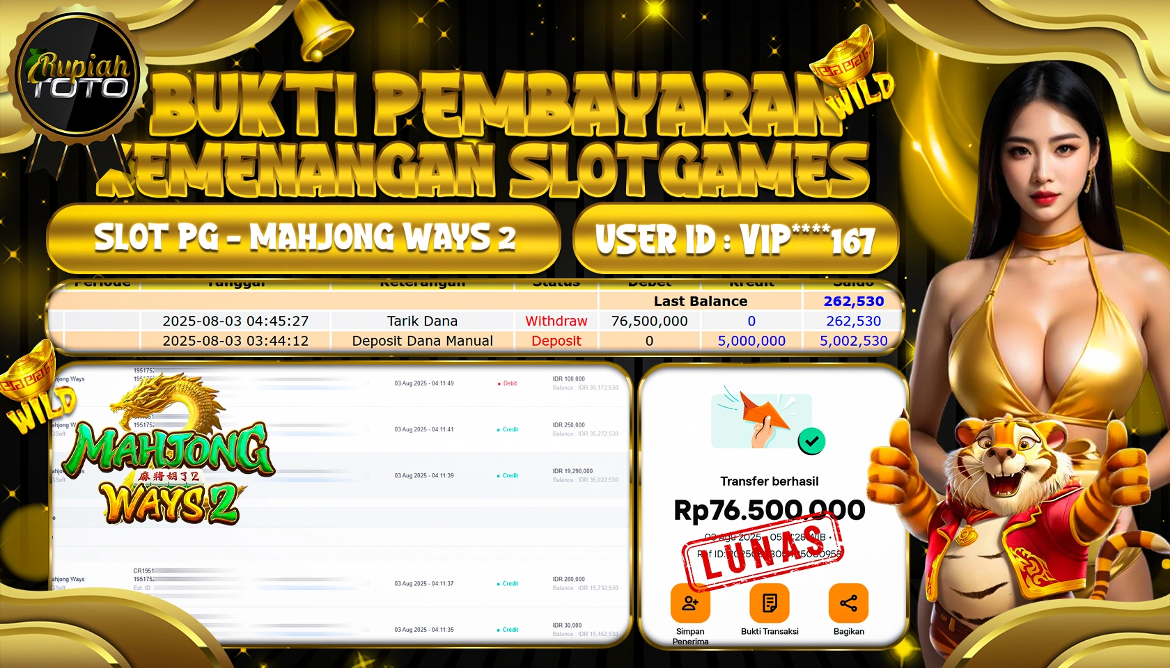 RUPIAHTOTO JACKPOT DI SLOT PG - MAHJONG WAYS 2 RP 76.500.000 JUTA RUPIAH LUNAS
