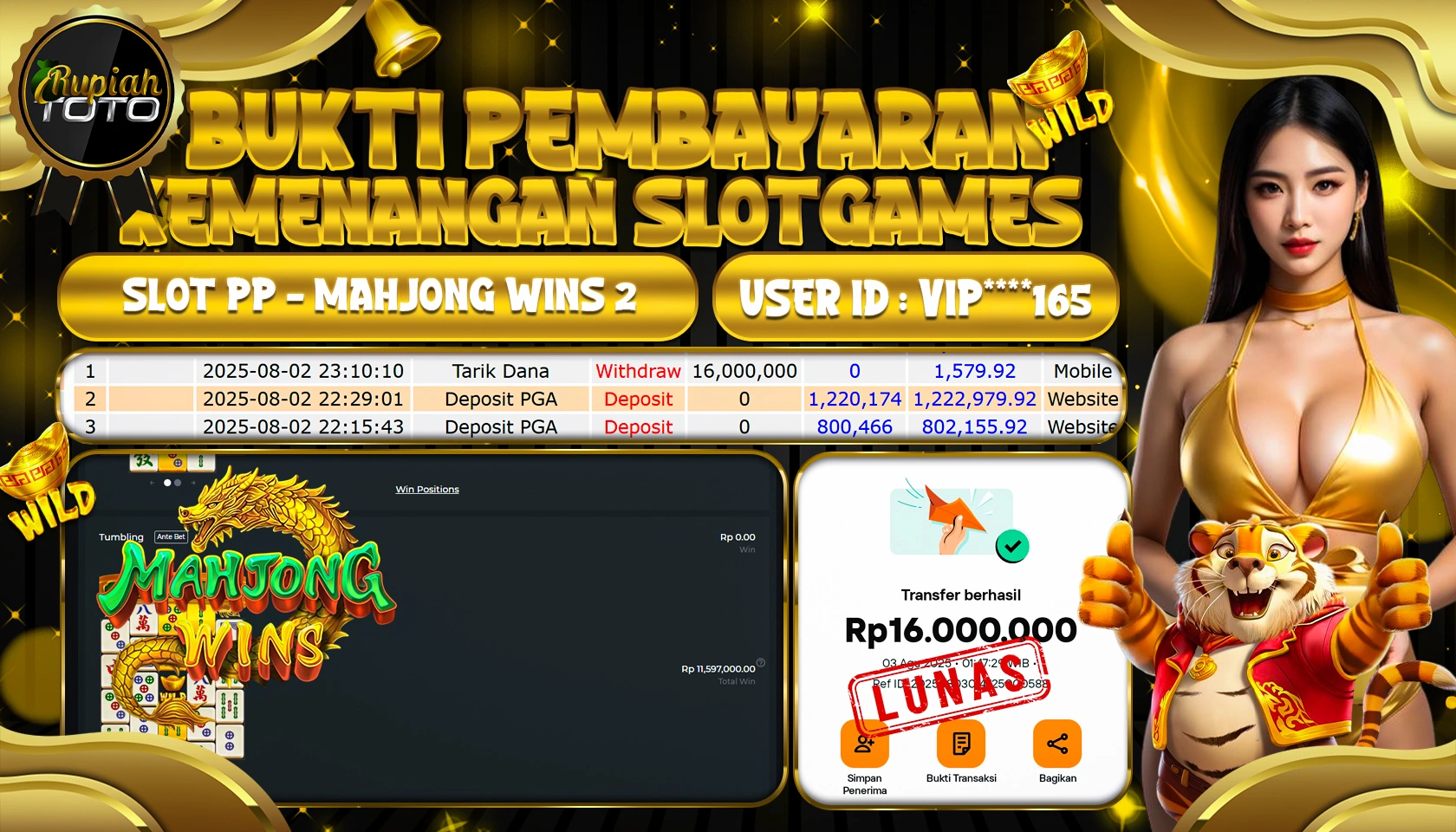 RUPIAHTOTO JACKPOT DI SLOT PP - MAHJONG WINS RP 16.000.000 JUTA RUPIAH LUNAS