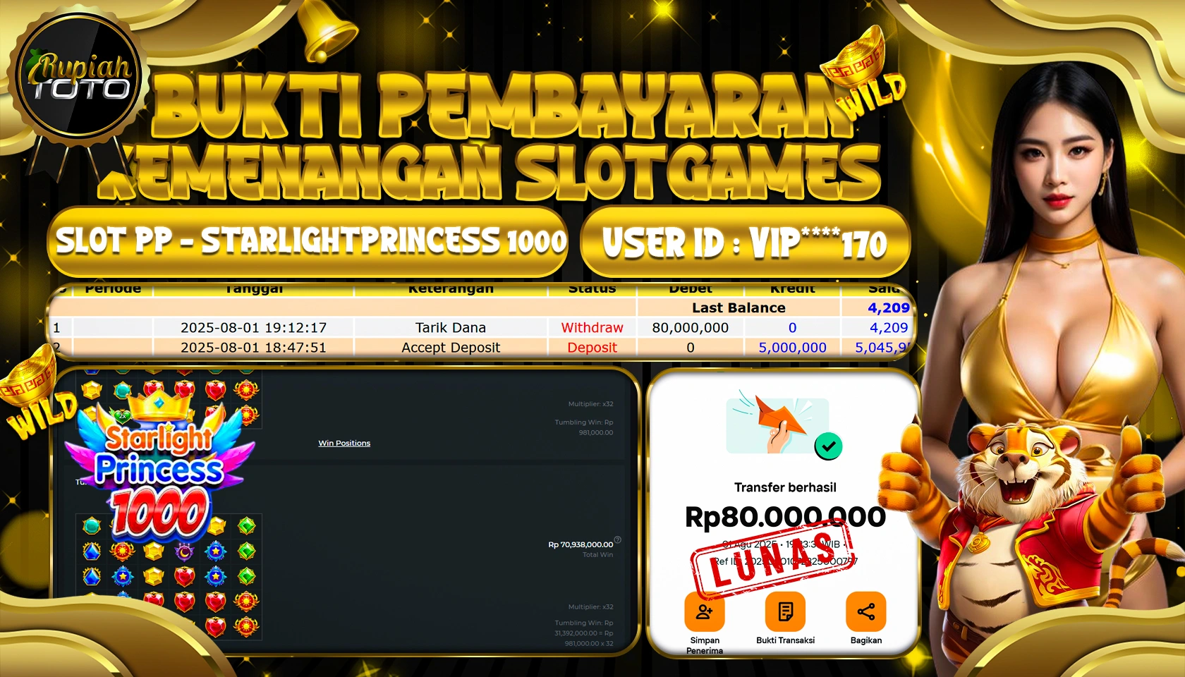 RUPIAHTOTO JACKPOT DI SLOT PP - STARLIGHT PRINCESS 1000 RP 80.000.000 JUTA RUPIAH LUNAS