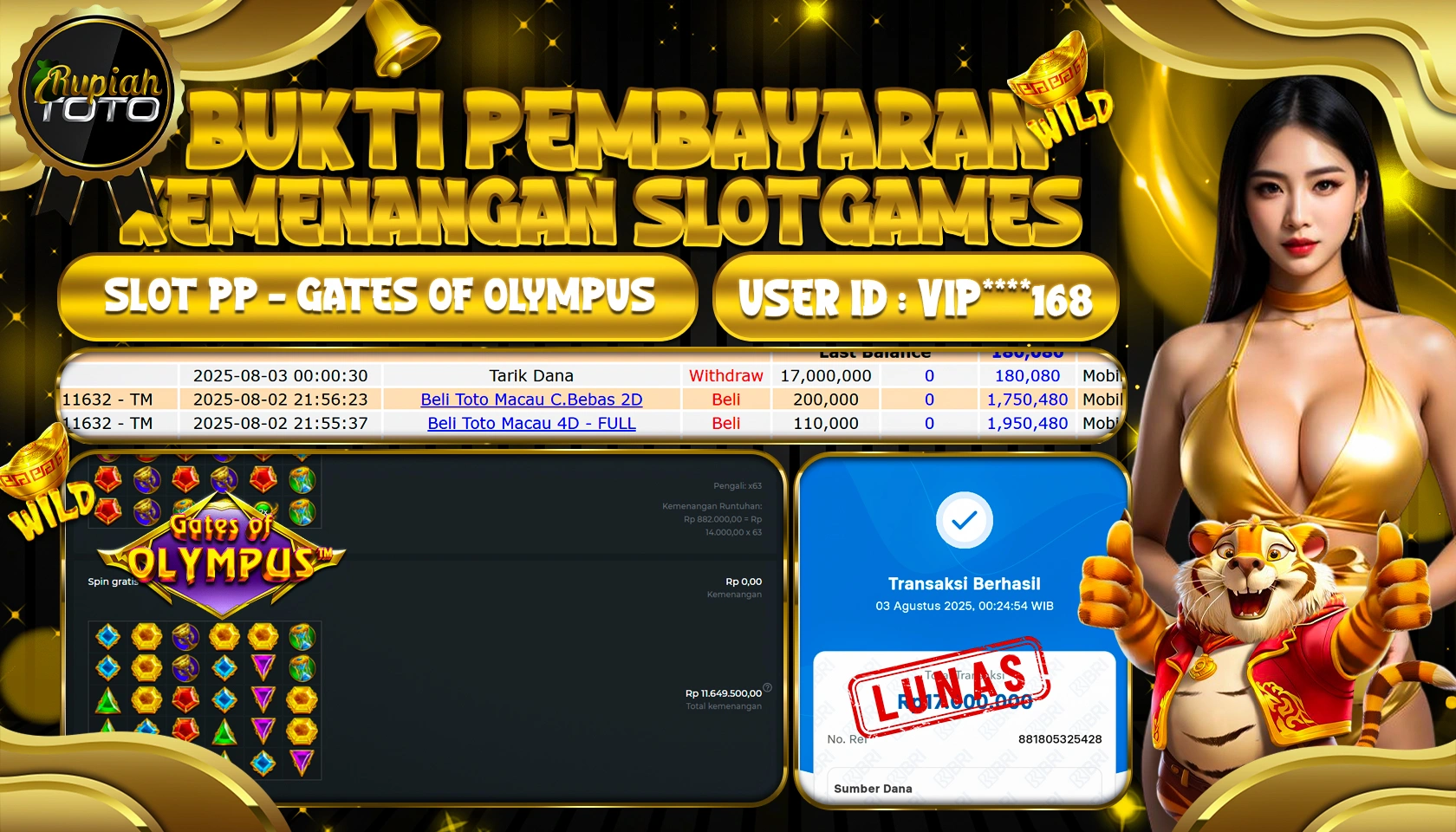 RUPIAHTOTO JACKPOT DI SLOT PP - GATES OF OLYMPUS RP 17.000.000 JUTA RUPIAH LUNAS