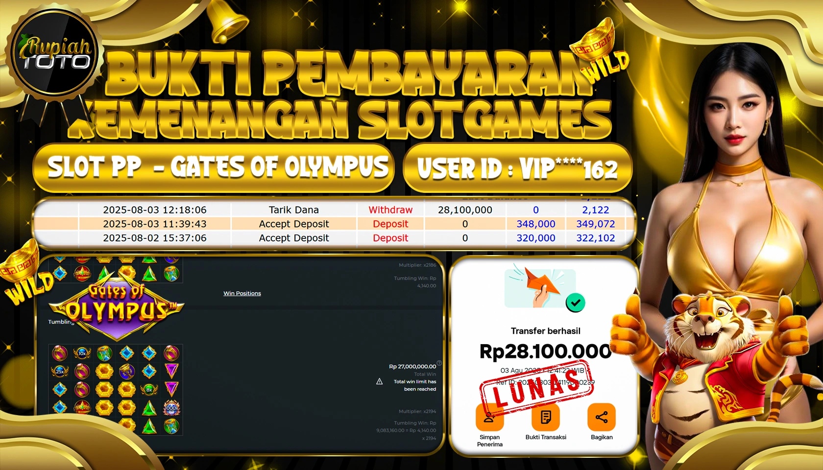RUPIAHTOTO JACKPOT DI SLOT PP - GATES OF OLYMPUS RP 28.100.000 JUTA RUPIAH LUNAS