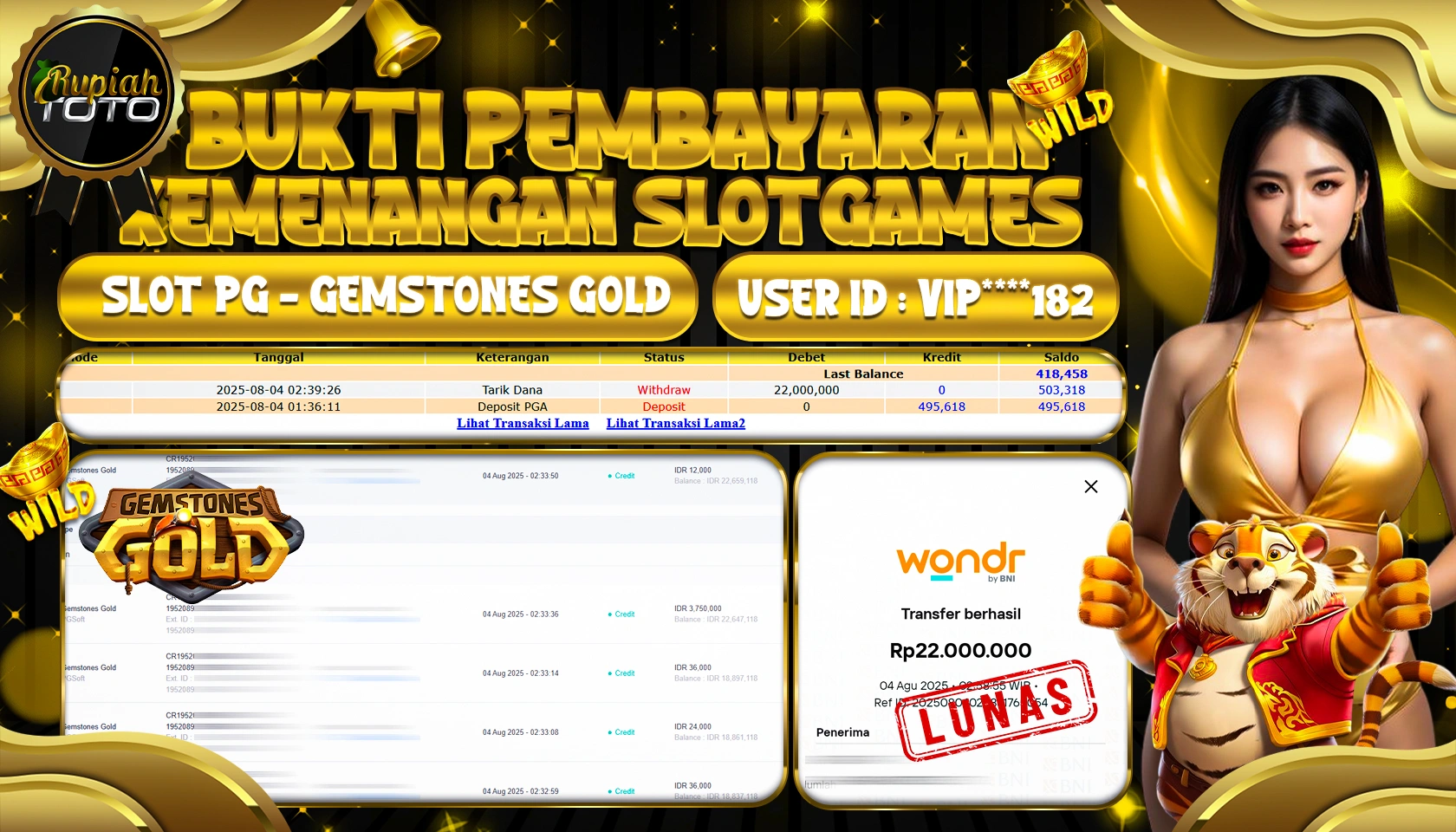 RUPIAHTOTO JACKPOT DI SLOT PG - GEMSTONES GOLD RP 22.000.000 JUTA RUPIAH LUNAS