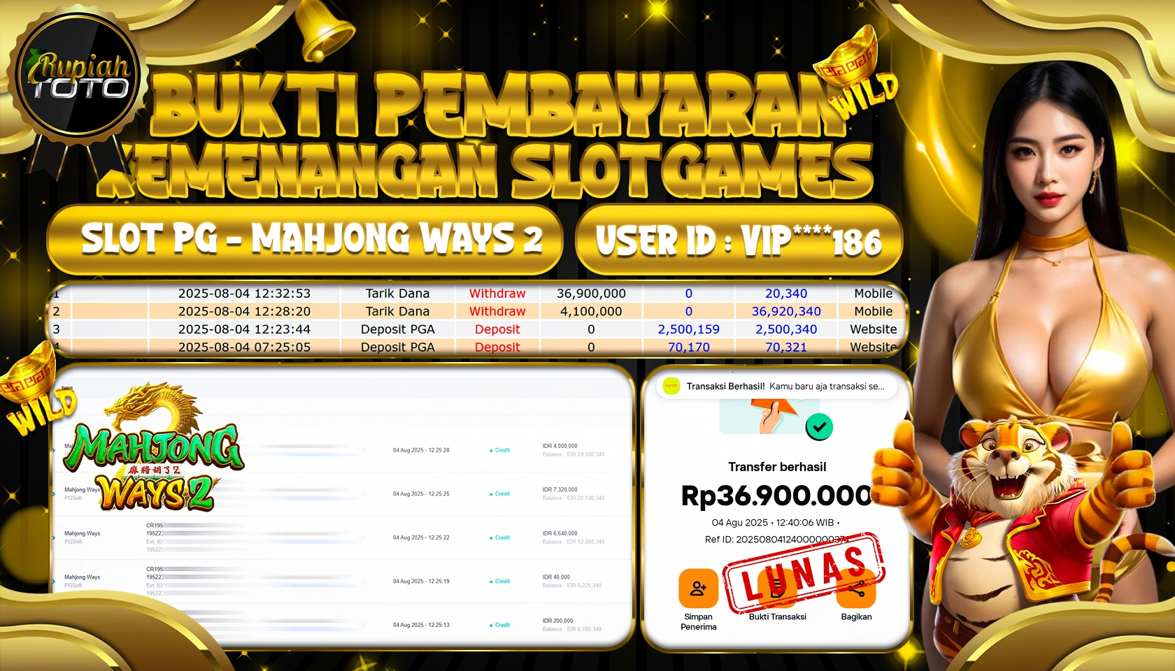 RUPIAHTOTO JACKPOT DI SLOT PG - MAHJONG WAYS 2 RP 36.900.000 JUTA RUPIAH LUNAS