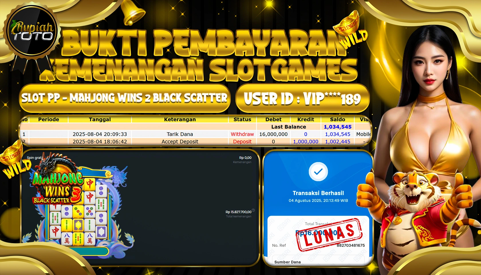 RUPIAHTOTO JACKPOT DI SLOT PP - MAHJONG WINS 3 RP 16.000.000 JUTA RUPIAH LUNAS