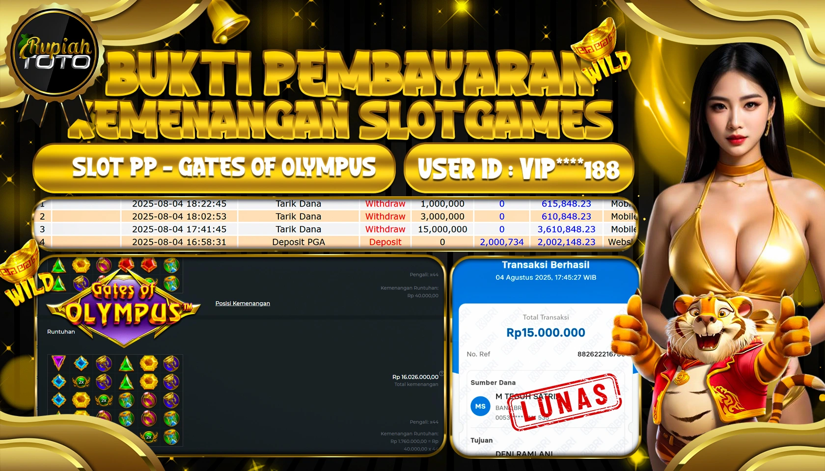 RUPIAHTOTO JACKPOT DI SLOT PP - GATES OF OLYMPUS RP 15.000.000 JUTA RUPIAH LUNAS