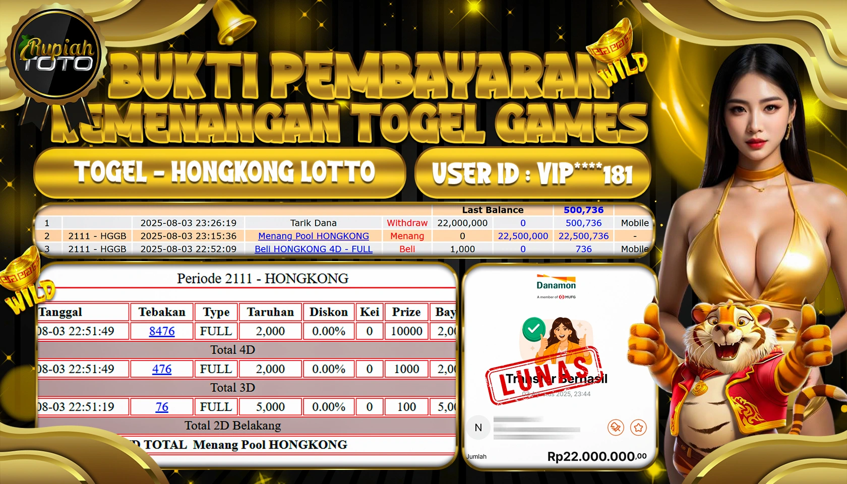 RUPIAHTOTO JACKPOT DI TOGEL - HONGKONG LOTTO RP 22.000.000 JUTA RUPIAH LUNAS