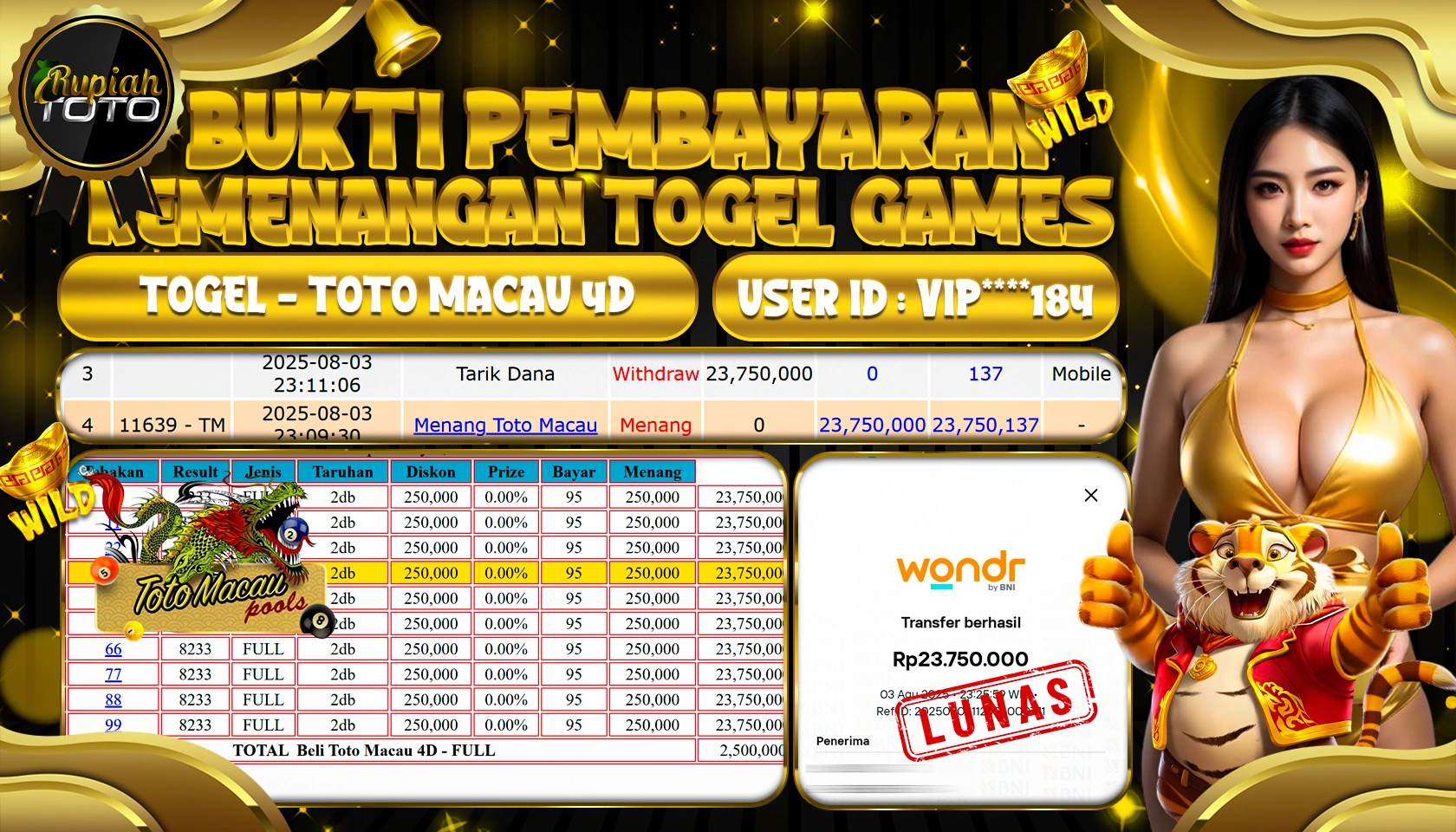 RUPIAHTOTO JACKPOT DI TOGEL - TOTO MACAU 4D RP 23.750.000 JUTA RUPIAH LUNAS