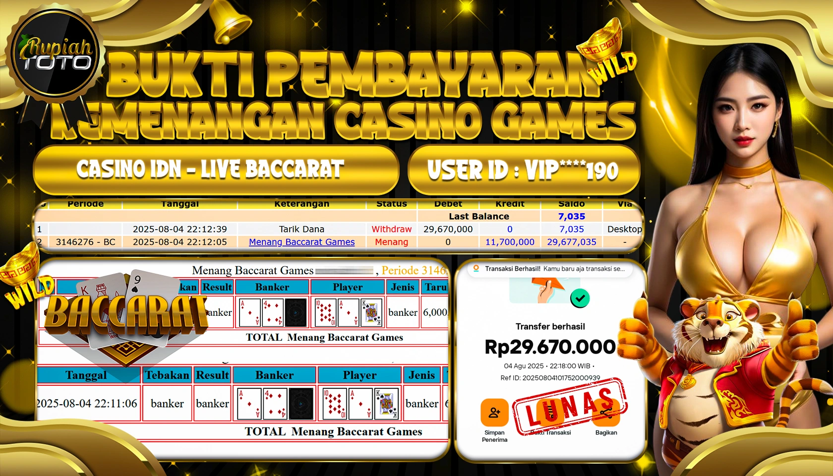 RUPIAHTOTO JACKPOT DI CASINO IDN- LIVE BACCARAT RP 29.670.000 JUTA RUPIAH LUNAS