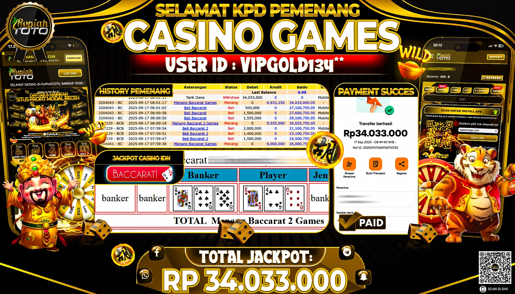 RUPIAHTOTO JACKPOT CASINO IDN BACCARAT RP 34.033.000 JUTA RUPIAH LUNAS