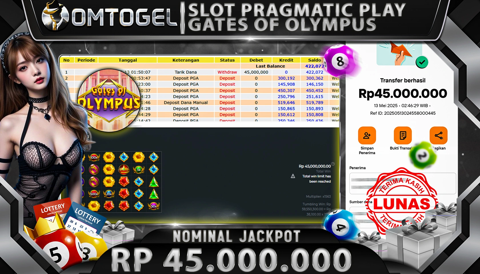 OMTOGEL JACKPOT PRAGMATIC PLAY RP 45.000.000,- LUNAS