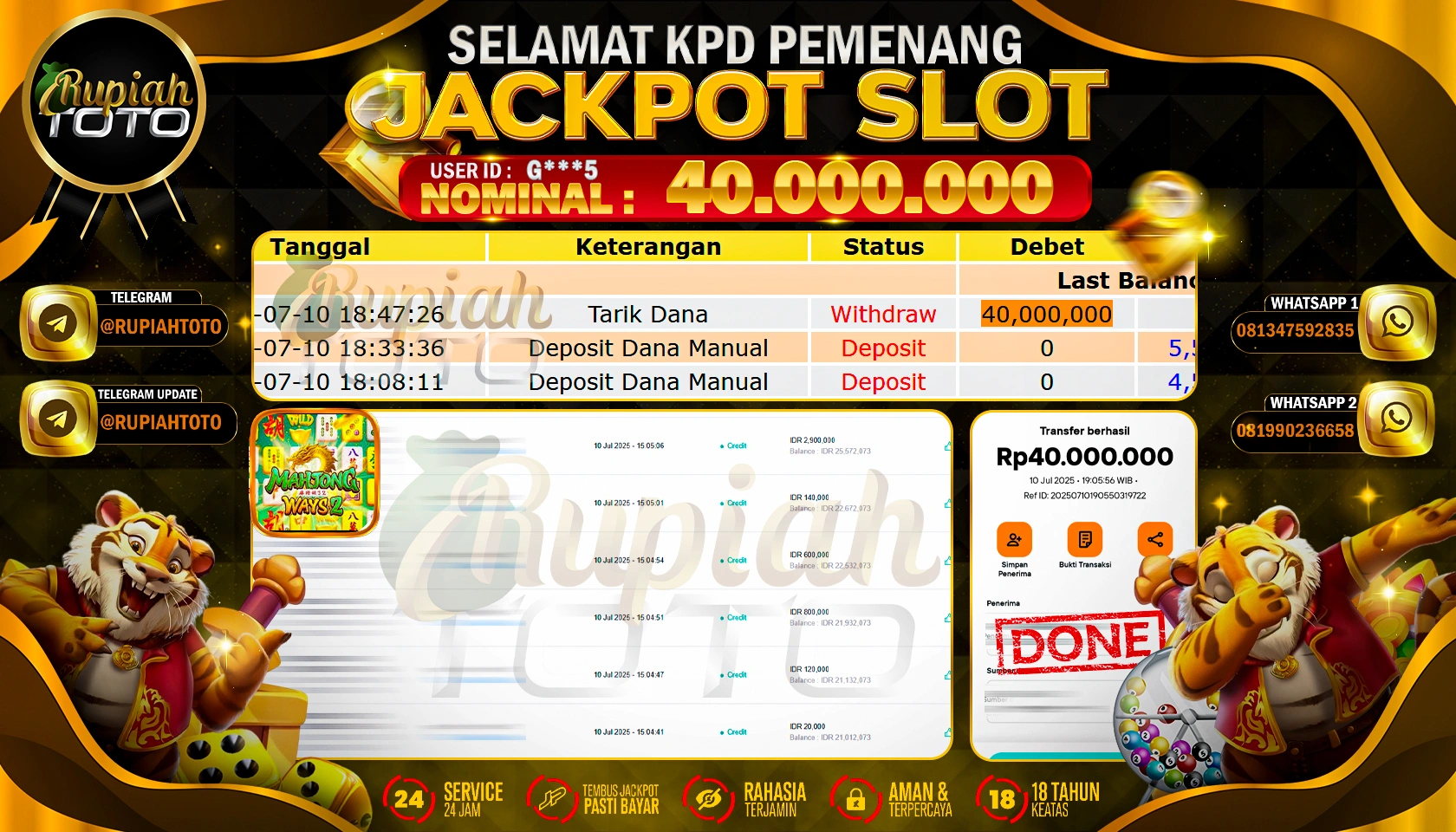 RUPIAHTOTO JACKPOT SLOT DI MAHJONG WAYS 2 RP 40.000.000 JUTA RUPIAH LUNAS