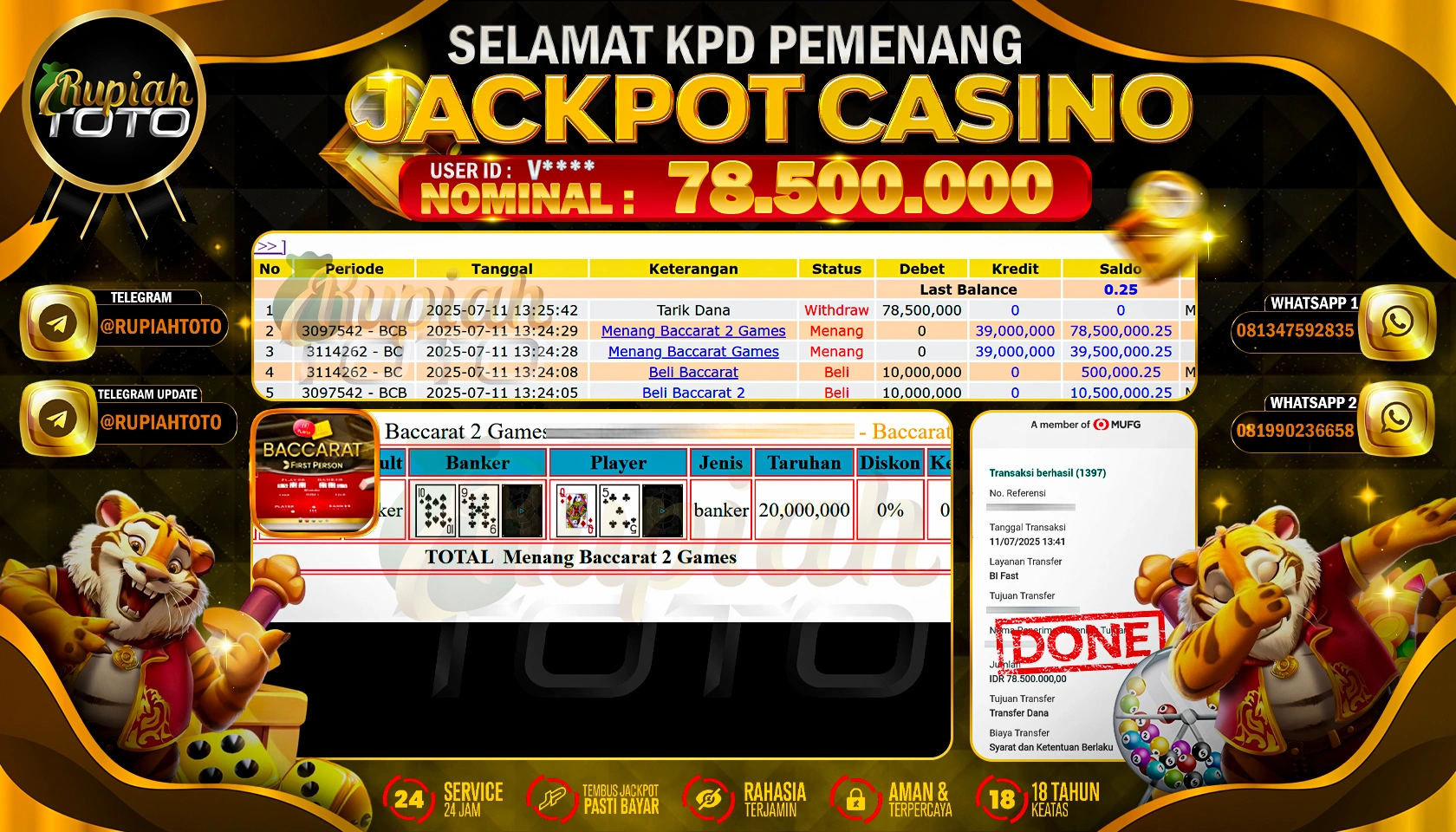 RUPIAHTOTO JACKPOT CASINO DI BACCARAT RP 78.500.000 JUTA RUPIAH LUNAS