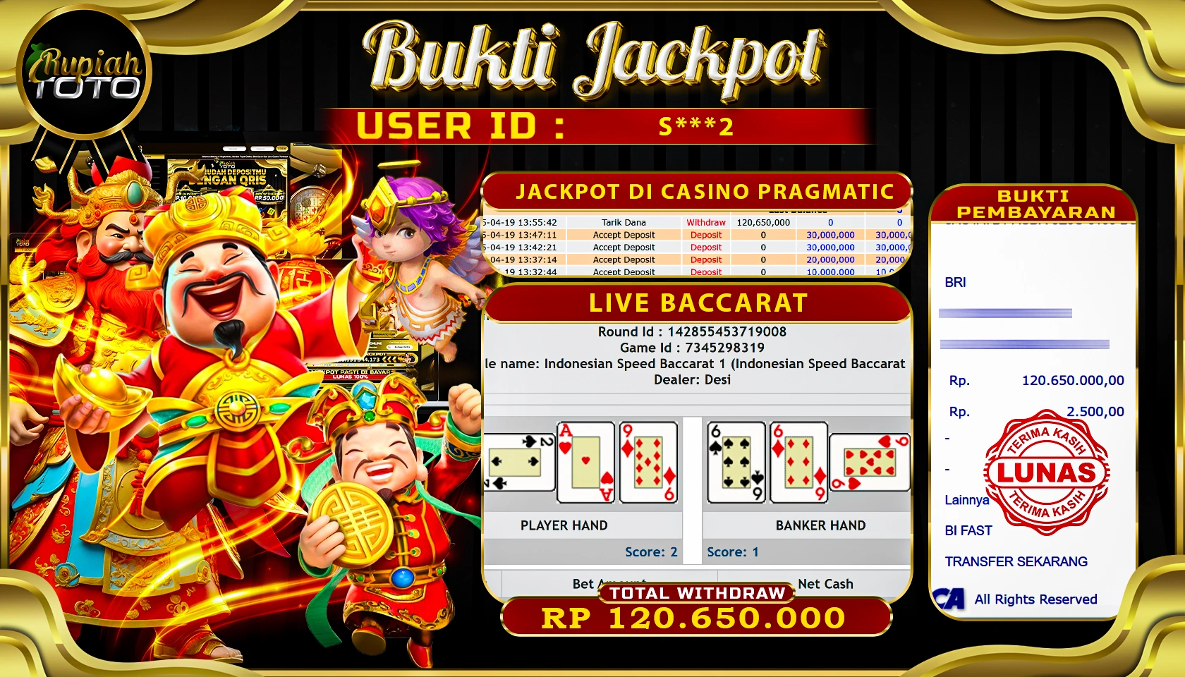 RUPIAHTOTO JACKPOT DI CASINO PRAGMATIC GAMES LIVE  RP 120.650.000 JUTA RUPIAH LUNAS