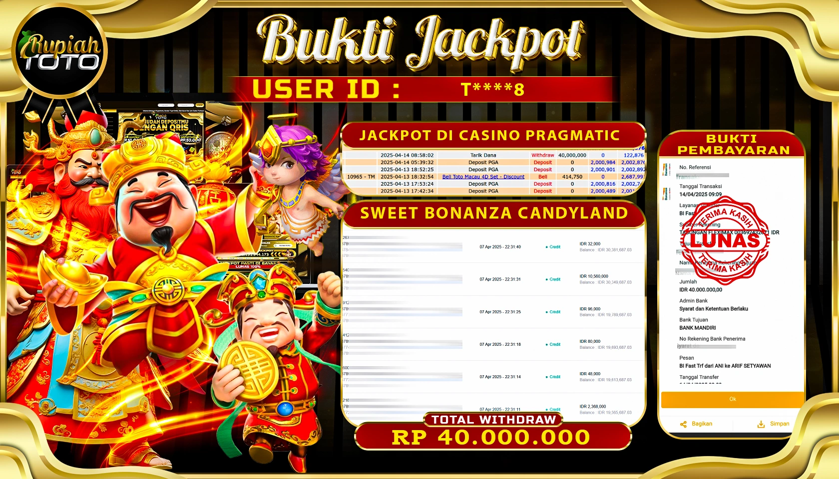 RUPIAHTOTO JACKPOT DI SLOT PRAGMATIC PLAY GAMES SWEET BONANZA CANDYLAND RP 40.000.000 JUTA RUPIAH LUNAS