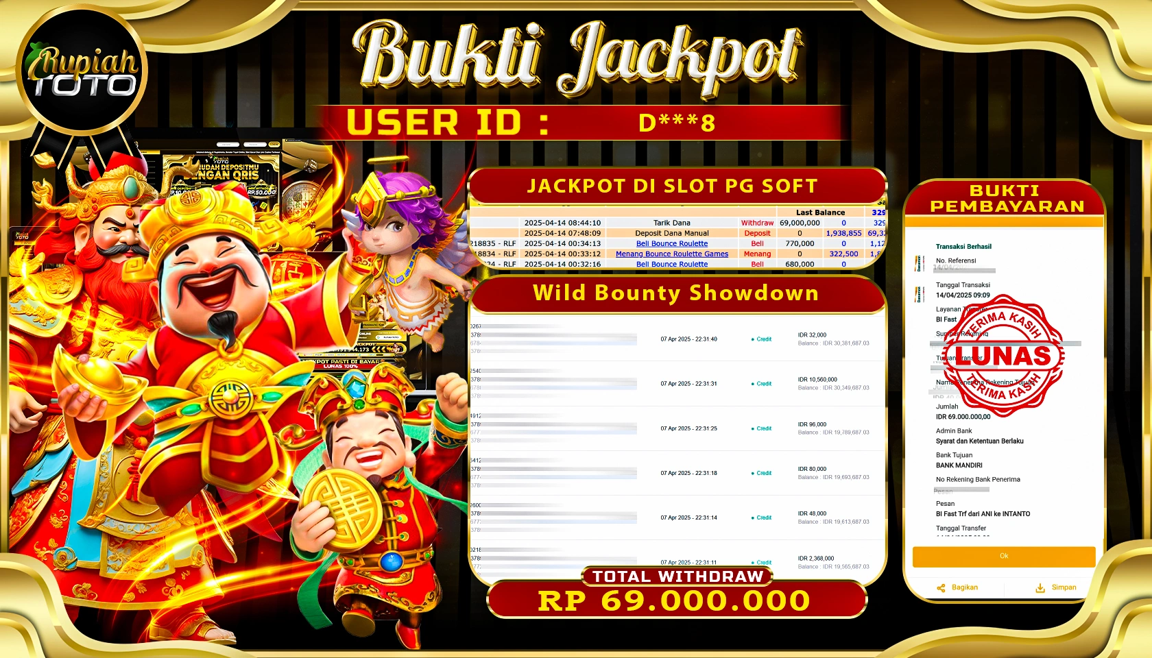 RUPIAHTOTO JACKPOT DI SLOT PG SOFT GAMES WILD BOUNTY SHOWDOWN  RP 69.000.000 JUTA RUPIAH LUNAS