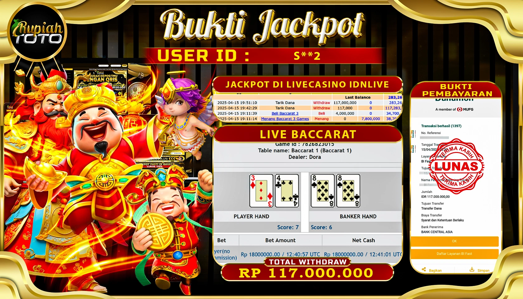 RUPIAHTOTO JACKPOT DI DI LIVE CASINO GAMES LIVE BACCARAT  RP 117.000.000 JUTA RUPIAH LUNAS