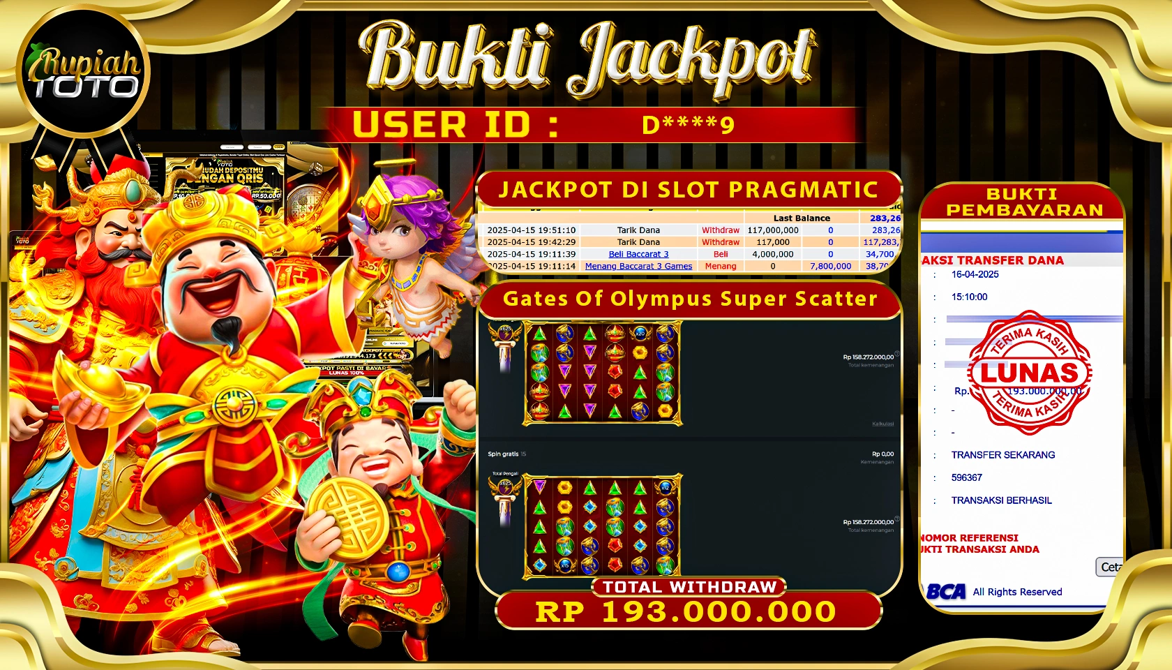 RUPIAHTOTO JACKPOT DI SLOT PRAGMATIC PLAY GAMES GATES OF OLYMPUS SUPER SCATTER  RP 193.000.000JUTA RUPIAH LUNAS