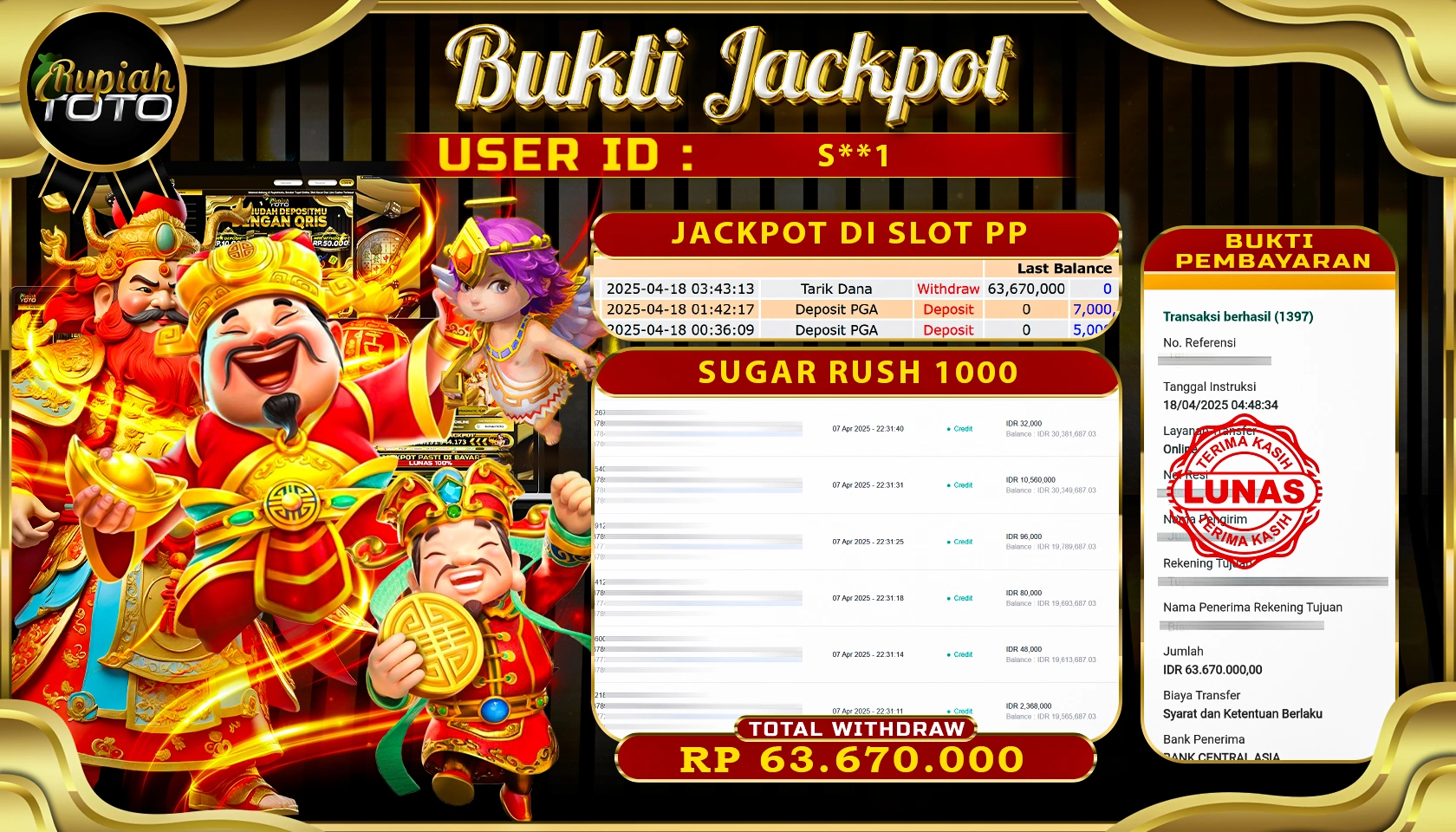 RUPIAHTOTO JACKPOT DI SLOT PRAGMATIC PLAY GAMES SUGAR RUSH 1000  RP 63.670.000 JUTA RUPIAH LUNAS
