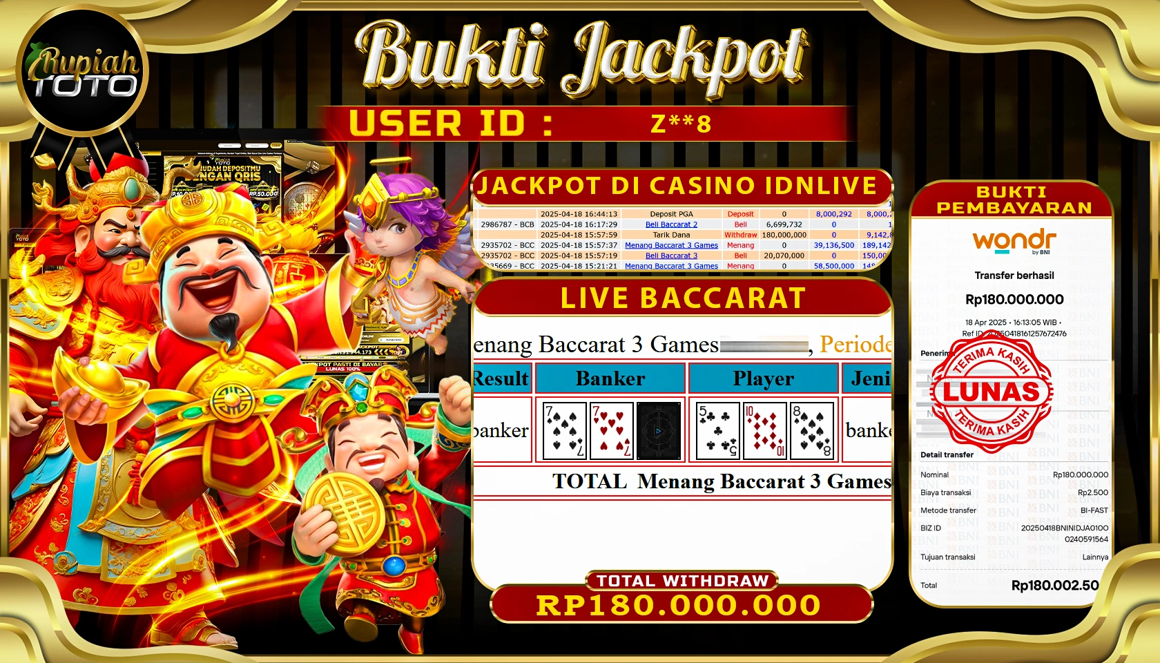 RUPIAHTOTO JACKPOT DI CASINO IDNLIVE GAMES LIVE BACCARAT  RP 180.000.000 JUTA RUPIAH LUNAS