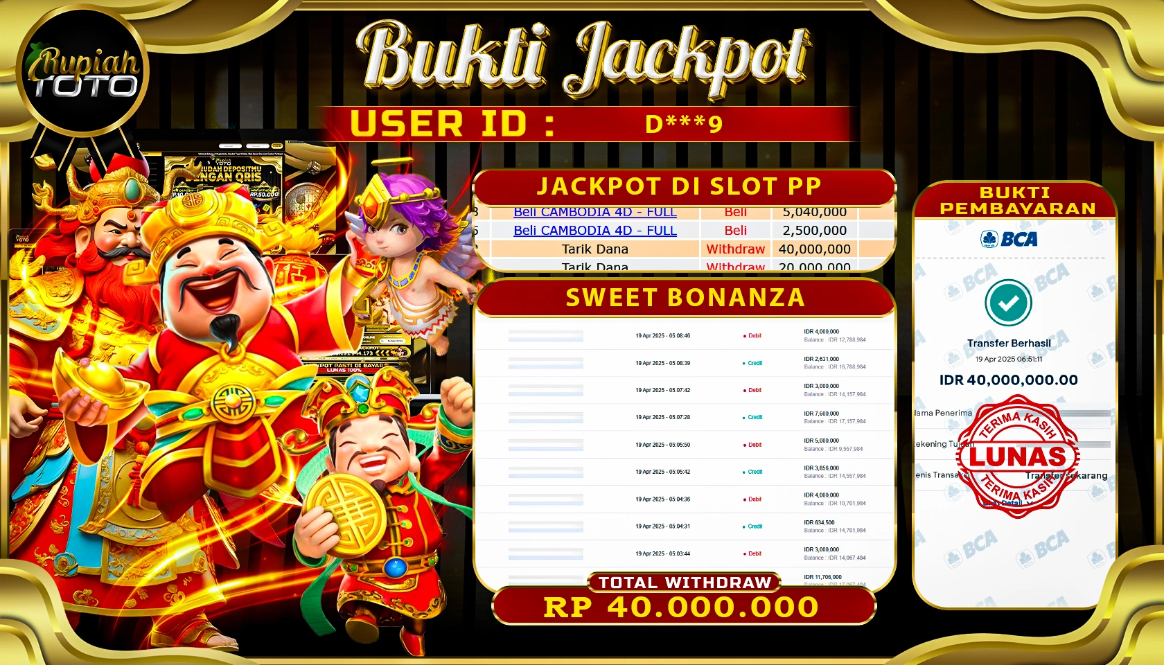 RUPIAHTOTO JACKPOT DI SLOT PRAGMATIC PLAY GAMES SWEET BONANZA   RP 40.000.000 JUTA RUPIAH LUNAS