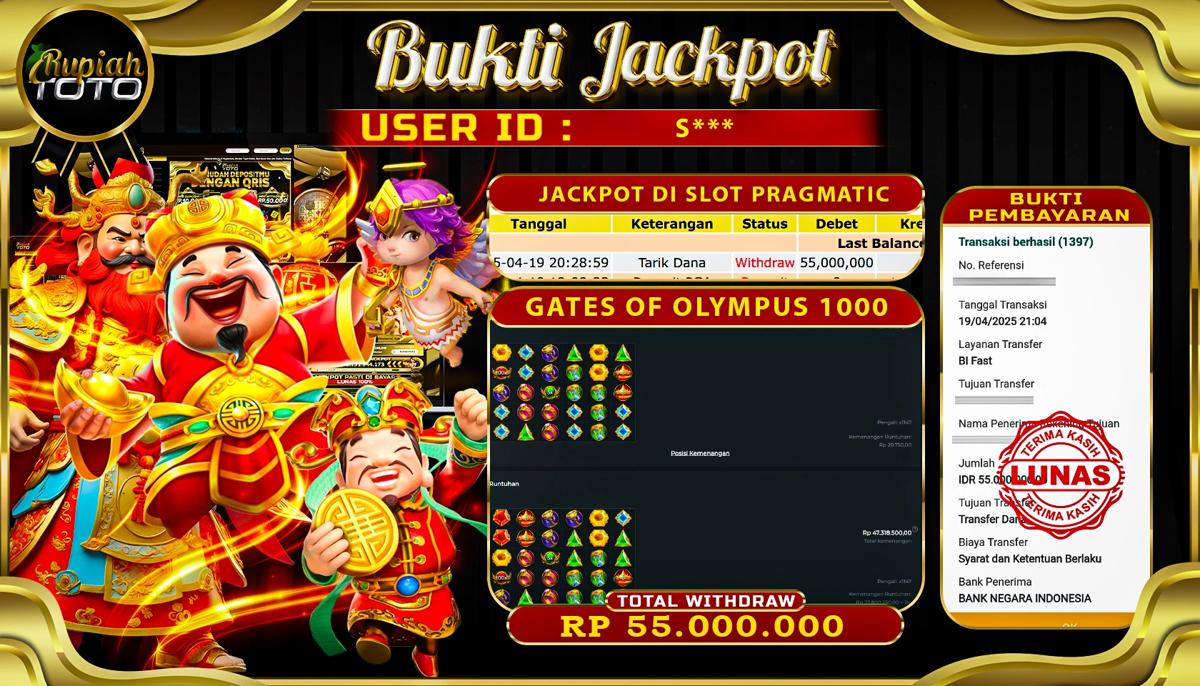 RUPIAHTOTO JACKPOT DI SLOT PRAGMATIC PLAY GAMES GATES OF OLYMPUS 1000 RP 55.000.000 JUTA RUPIAH LUNAS