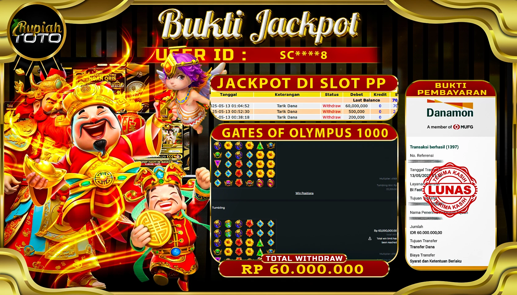 RUPIAHTOTO JACKPOT DI SLOT PRAGMATIC PLAY GAME GATE OF OLYMPUS 1000 RP 60.000.000 JUTA RUPIAH LUNAS