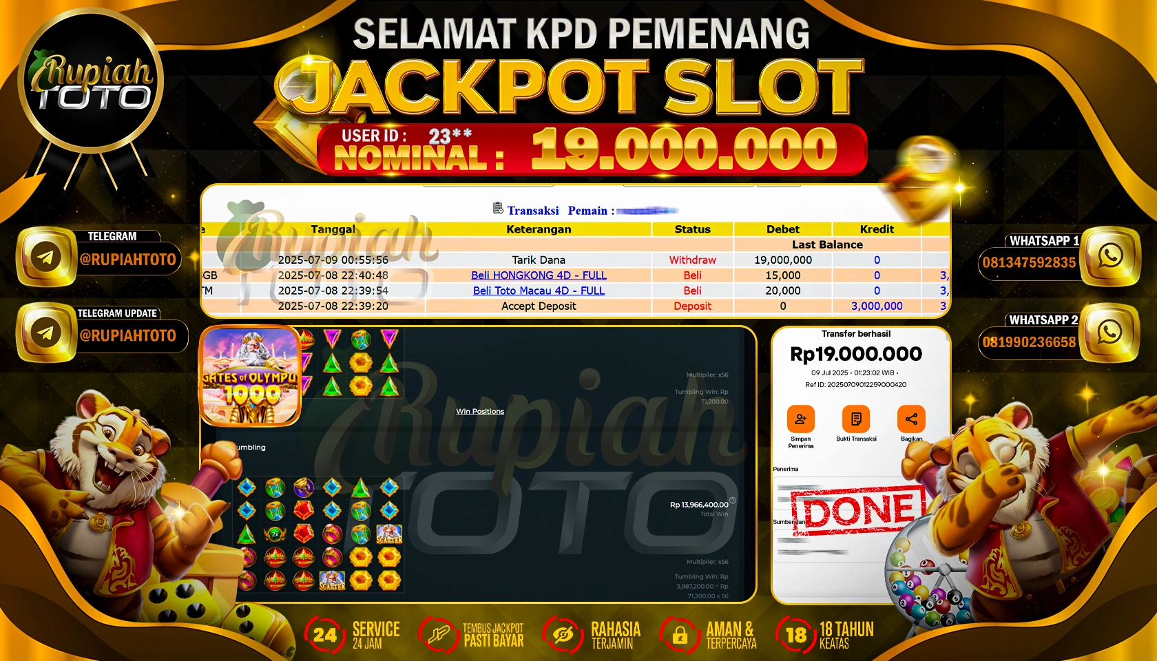 RUPIAHTOTO JACKPOT SLOT DI PRAGMATIC PLAY GAMES GATES OF OLYMPUS RP 19.000.000 JUTA RUPIAH LUNAS