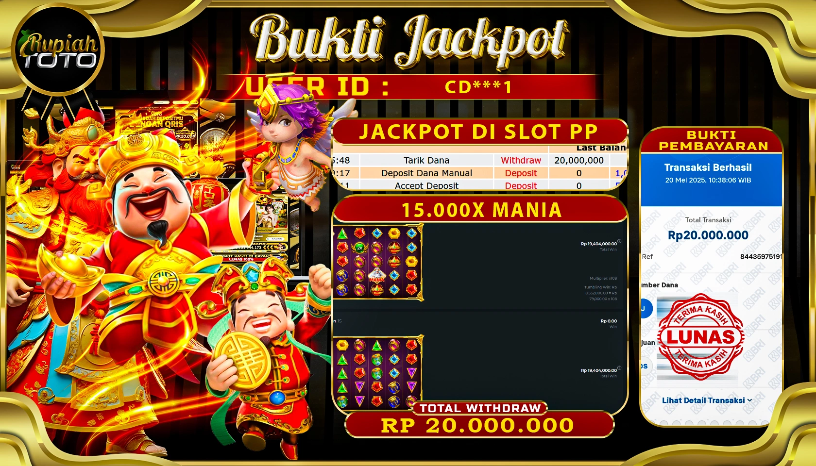RUPIAHTOTO JACKPOT DI SLOT PRAGMATICPLAY GAME OLYMPUS 15000X MANIA RP 20.000.000 JUTA RUPIAH LUNAS