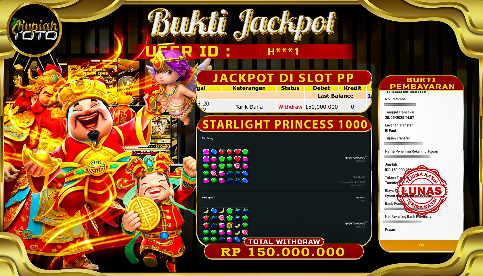 RUPIAHTOTO JACKPOT DI SLOT PRAGMATICPLAY GAME STARLIGHT PRINCESS 1000 RP 150.000.000 JUTA RUPIAH LUNAS