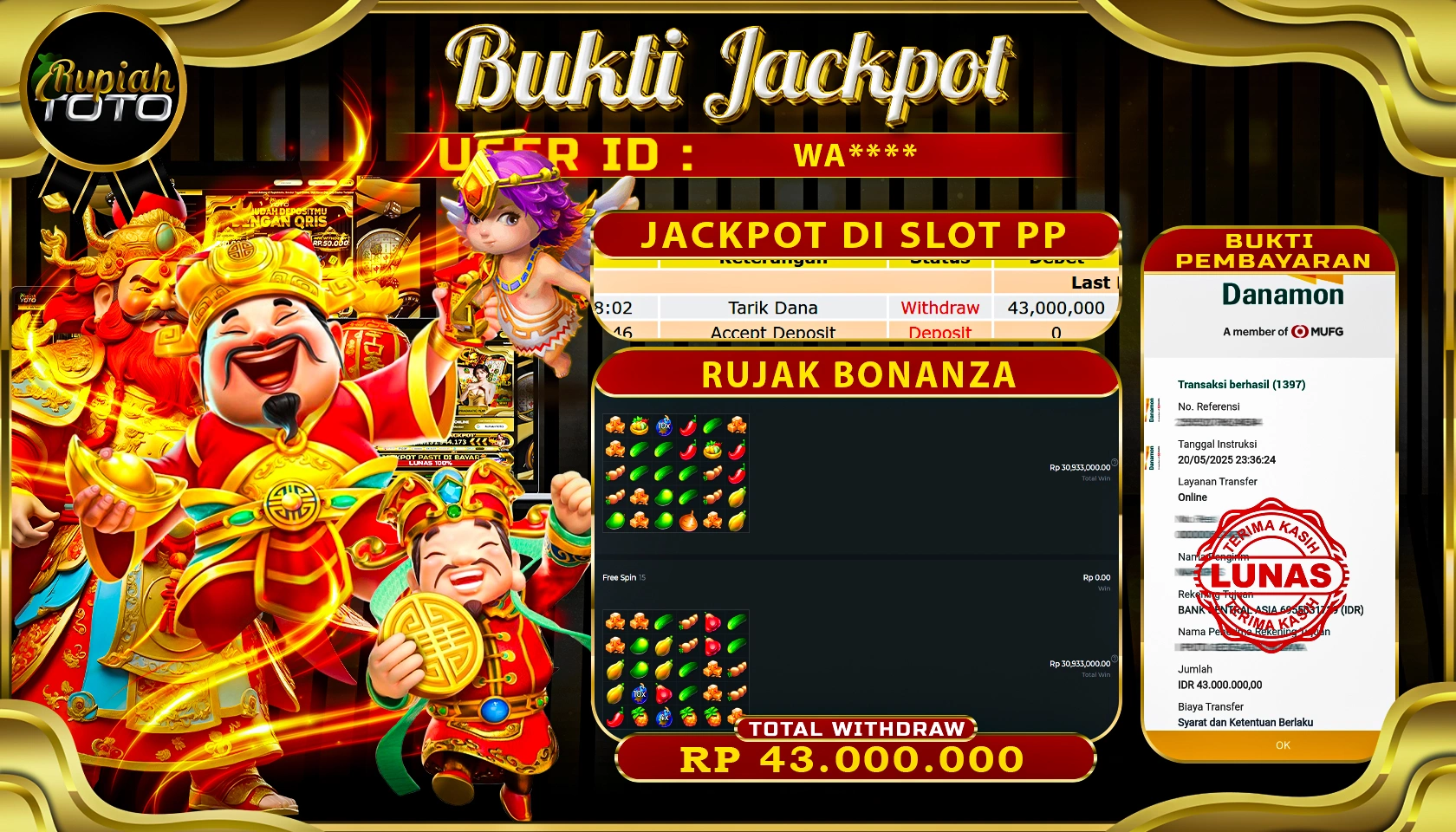 RUPIAHTOTO JACKPOT DI SLOT PRAGMATICPLAY GAME RUJAK BONANZA RP 43.000.000 JUTA RUPIAH LUNAS