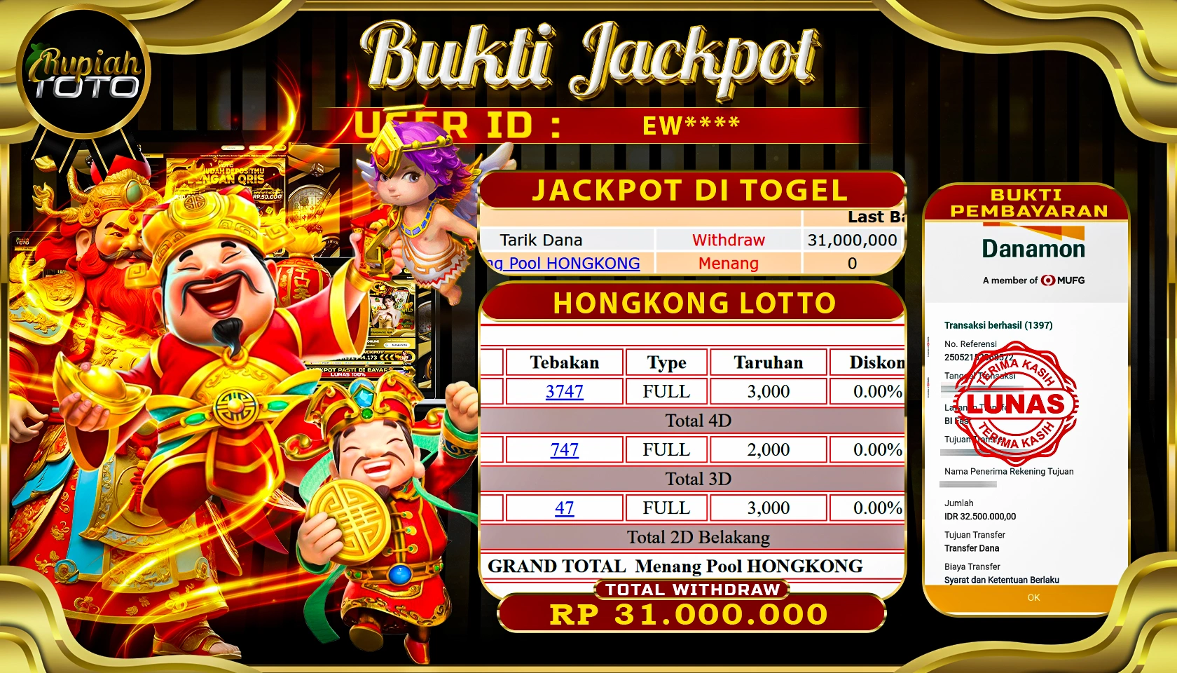 RUPIAHTOTO JACKPOT DI TOGEL PASARAN HONGKONG LOTTO RP 31.000.000 JUTA RUPIAH LUNAS