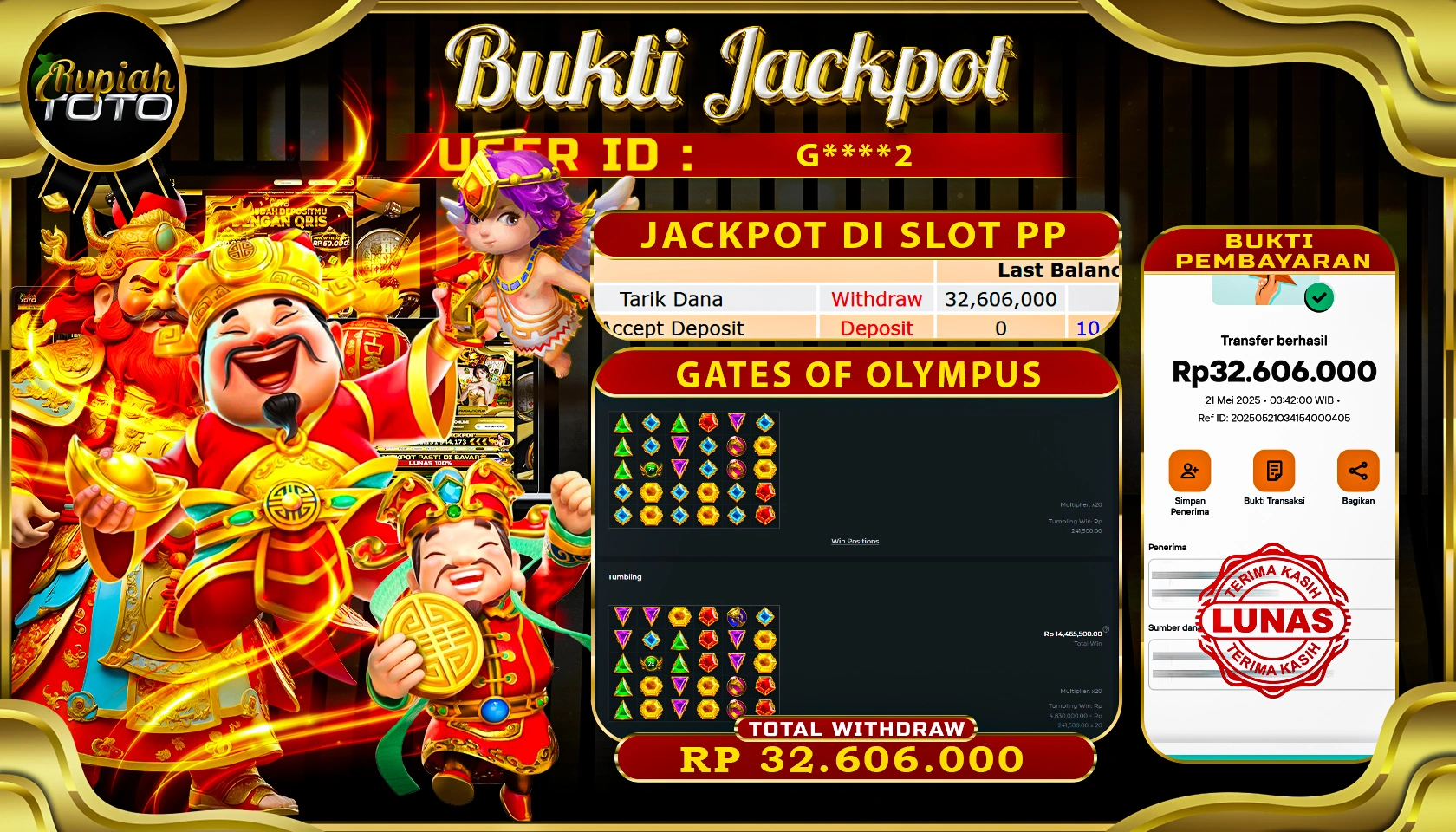 RUPIAHTOTO JACKPOT DI SLOT PRAGMATICPLAY GAME GATE OF OLYMPUS RP 32.606.000 JUTA RUPIAH LUNAS