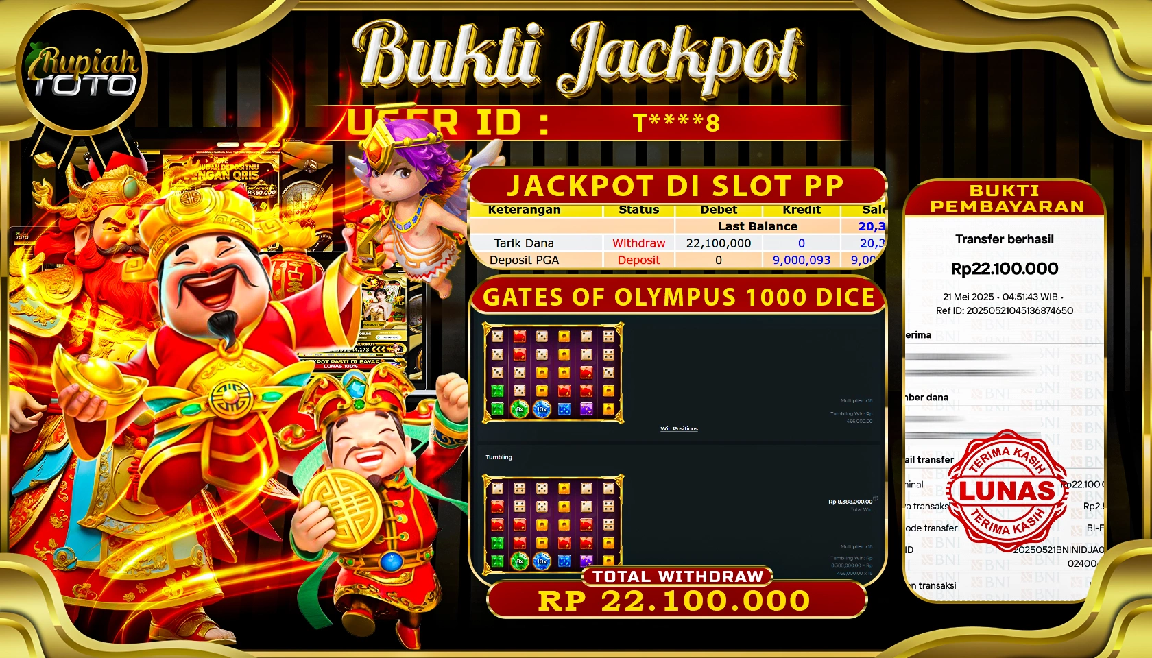 RUPIAHTOTO JACKPOT DI SLOT PRAGMATICPLAY GAME GATE OF OLYMPUS 1000 DICE RP 22.100.000 JUTA RUPIAH LUNAS