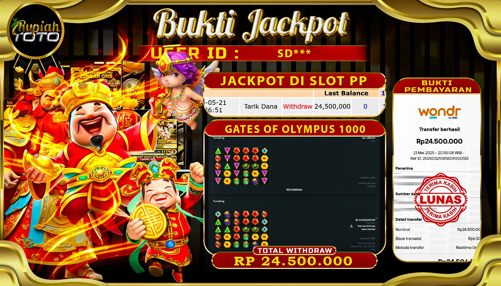 RUPIAHTOTO JACKPOT DI SLOT PRAGMATICPLAY GAME GATE OF OLYMPUS 1000 RP 24.500.000 JUTA RUPIAH LUNAS