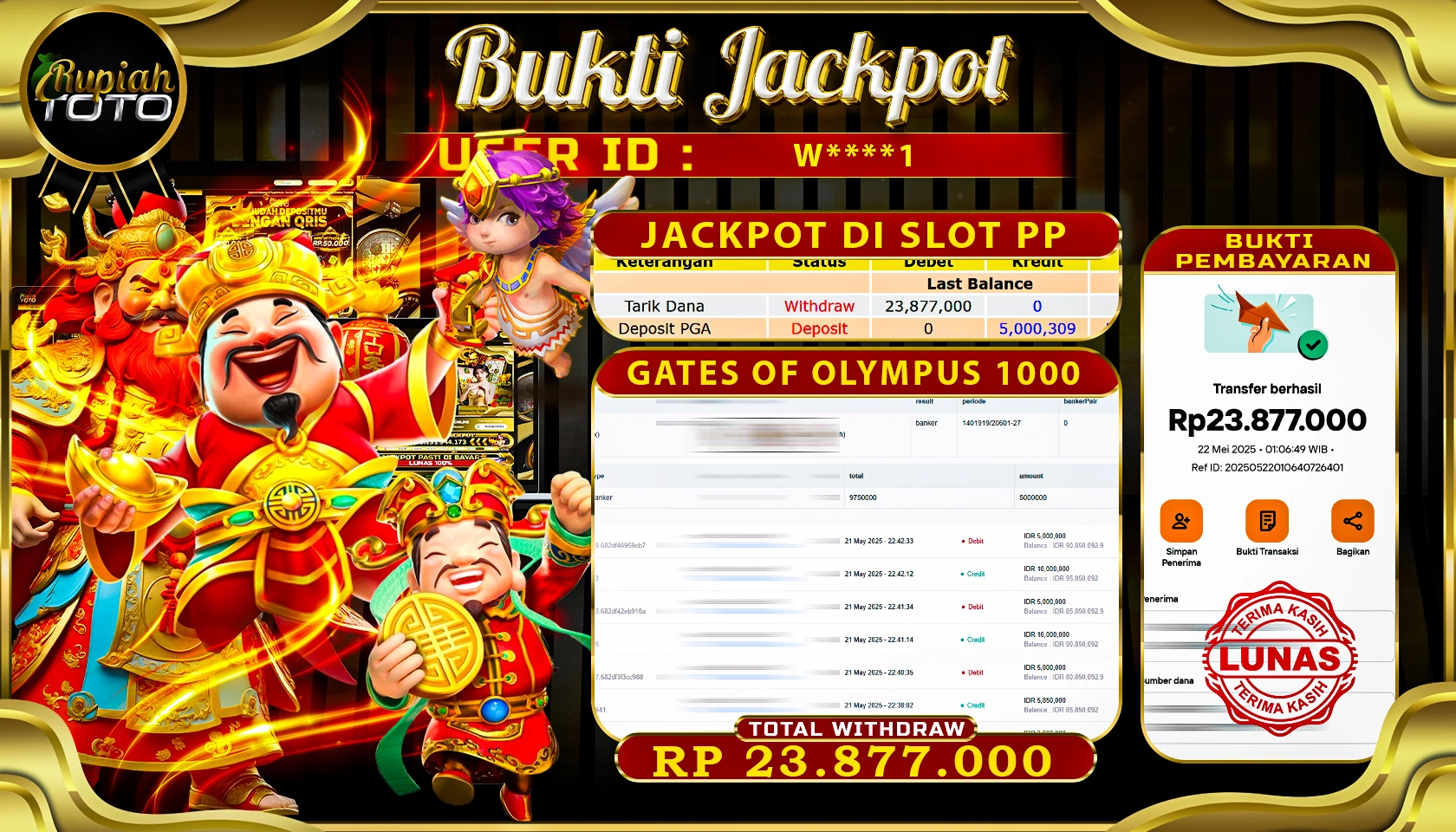 RUPIAHTOTO JACKPOT DI SLOT PRAGMATICPLAY GAME GATE OF OLYMPUS 1000 RP 23.877.000 JUTA RUPIAH LUNAS