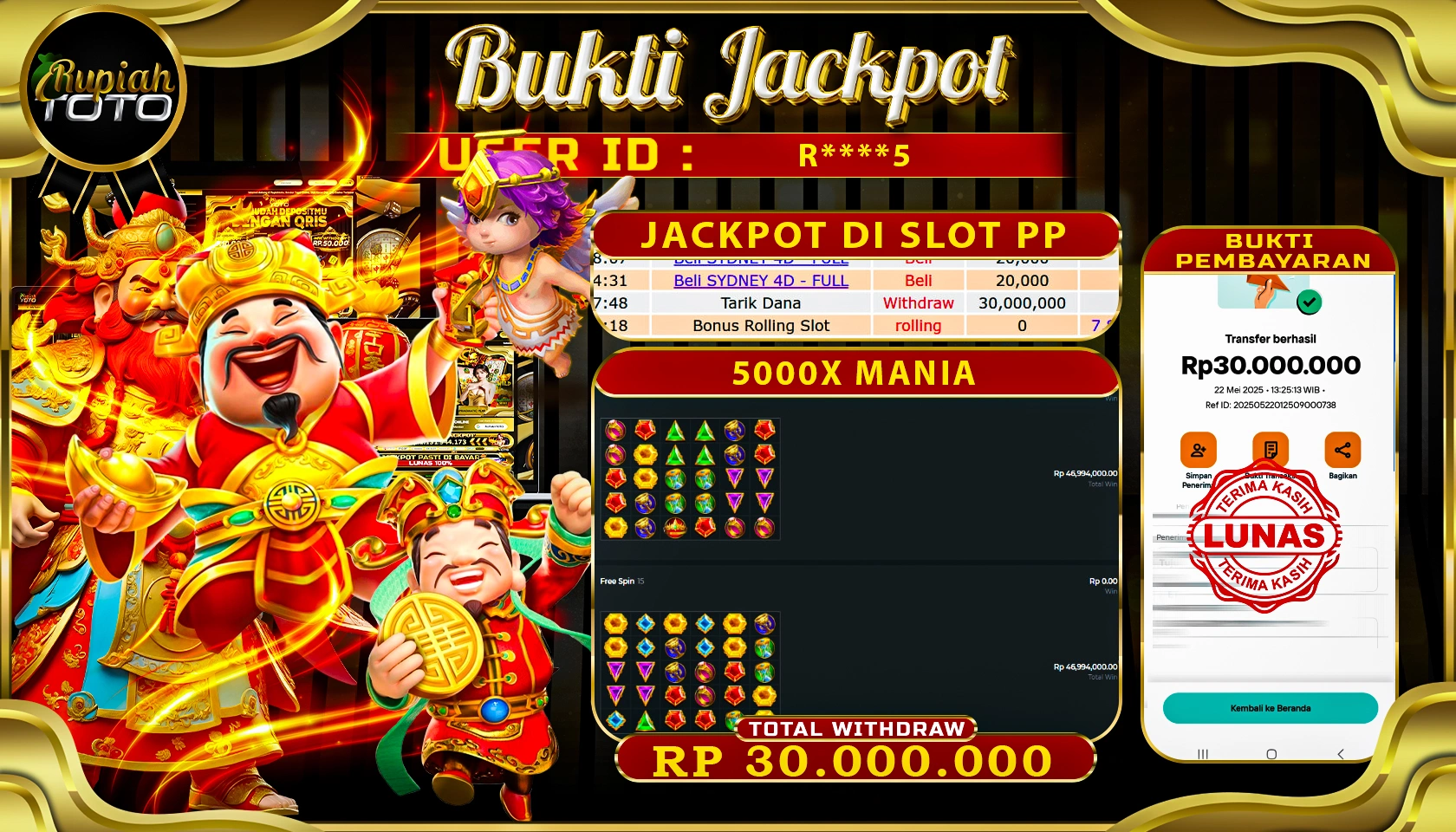 RUPIAHTOTO JACKPOT DI SLOT PRAGMATICPLAY GAME 5000X MANIA RP 30.000.000 JUTA RUPIAH LUNAS