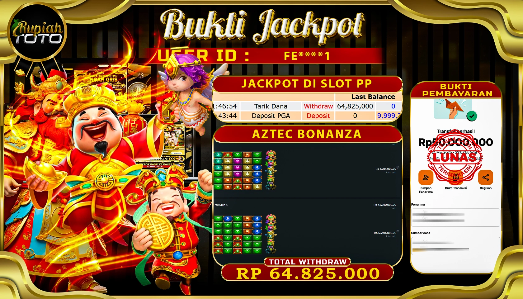 RUPIAHTOTO JACKPOT DI SLOT PRAGMATICPLAY GAME AZTEC BONANZA RP 64.825.000 JUTA RUPIAH LUNAS
