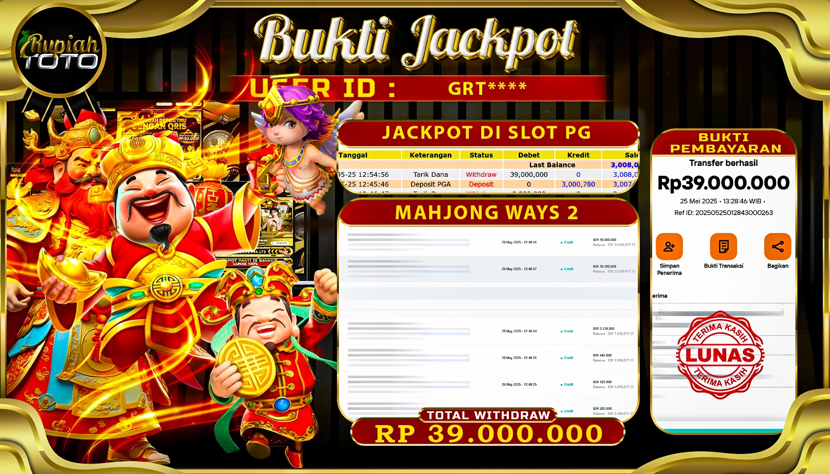 RUPIAHTOTO JACKPOT DI SLOT PRAGMATICPLAY GAME MAHJONG WAYS 2 RP 39.000.000 JUTA RUPIAH LUNAS